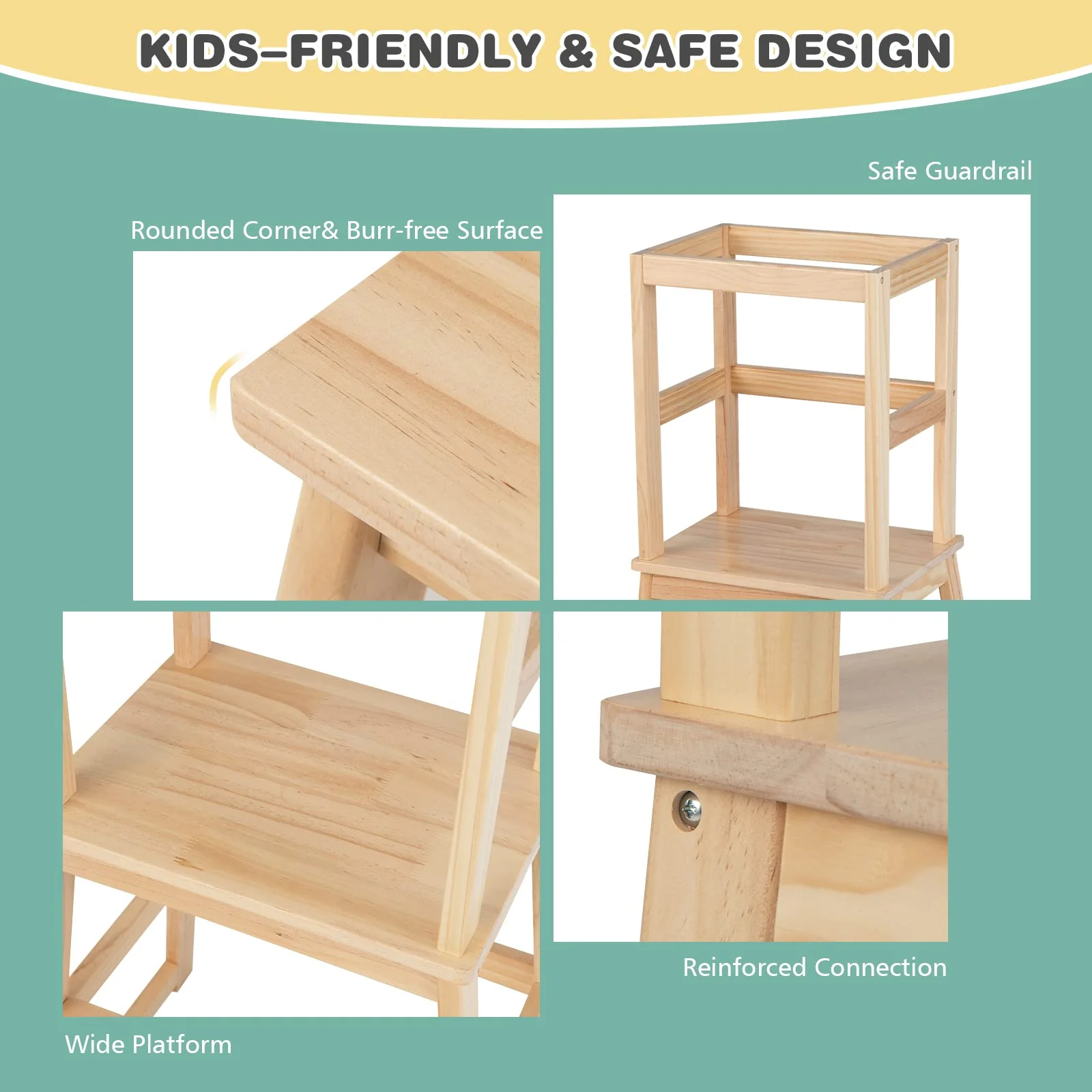 BABY JOY Kids Kitchen Step Stool with Safety Rail, 2 in 1 Solid Wood Montessori Learning Stool - Image 8