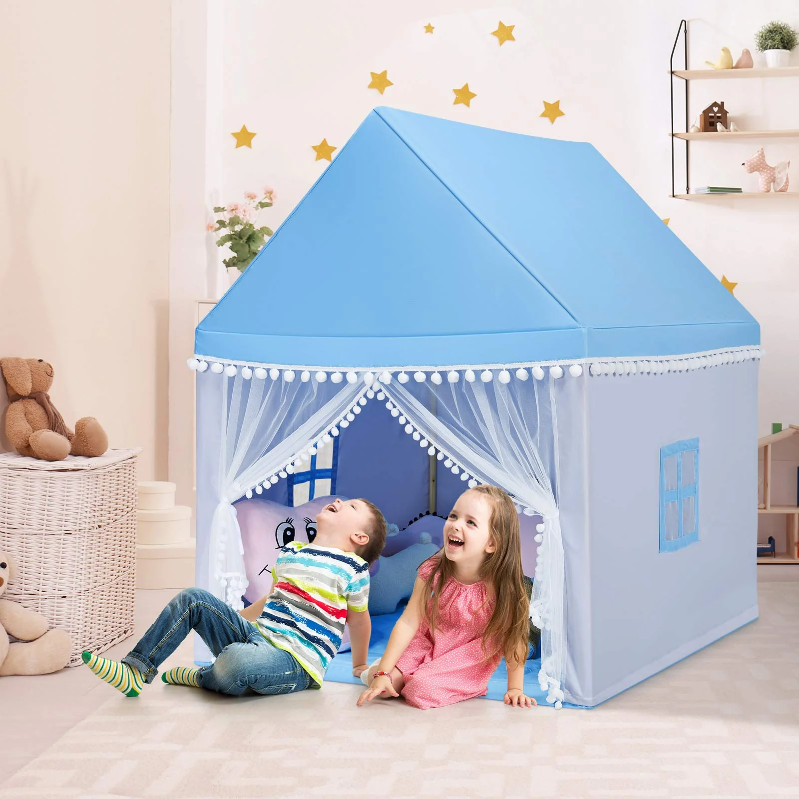 BABY JOY Kids Play Tent, Children Play House w/Solid Wood Frame & Cotton Mat - Image 3