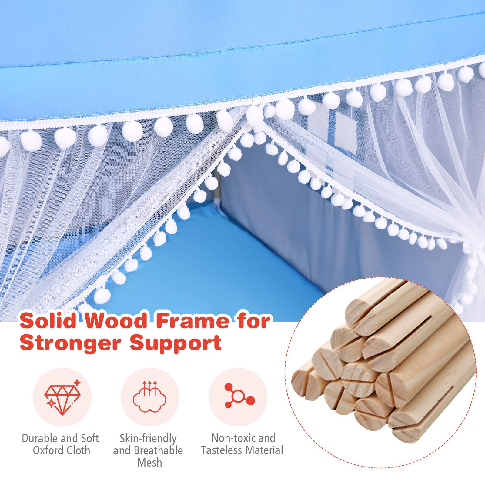BABY JOY Kids Play Tent, Children Play House w/Solid Wood Frame & Cotton Mat - Image 5