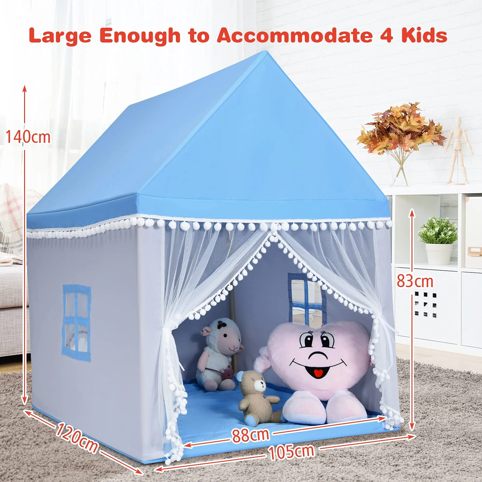 BABY JOY Kids Play Tent, Children Play House w/Solid Wood Frame & Cotton Mat - Image 6