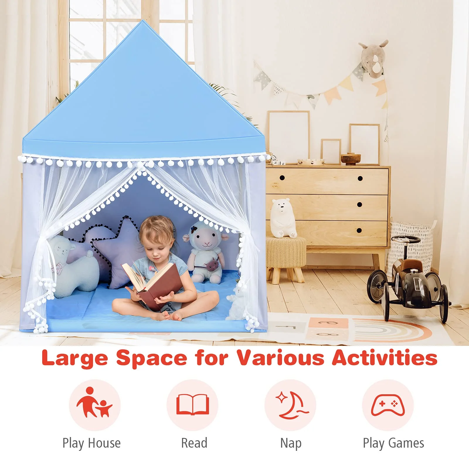 BABY JOY Kids Play Tent, Children Play House w/Solid Wood Frame & Cotton Mat - Image 7