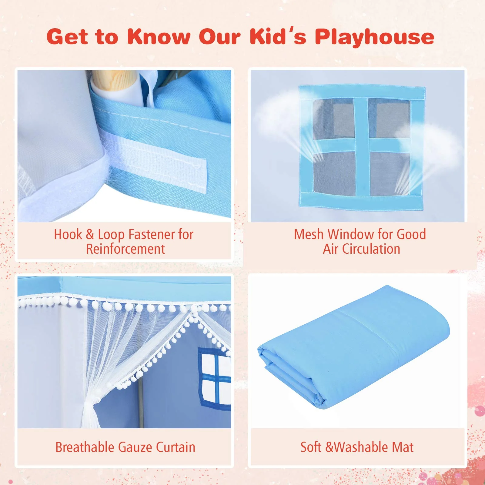 BABY JOY Kids Play Tent, Children Play House w/Solid Wood Frame & Cotton Mat - Image 8