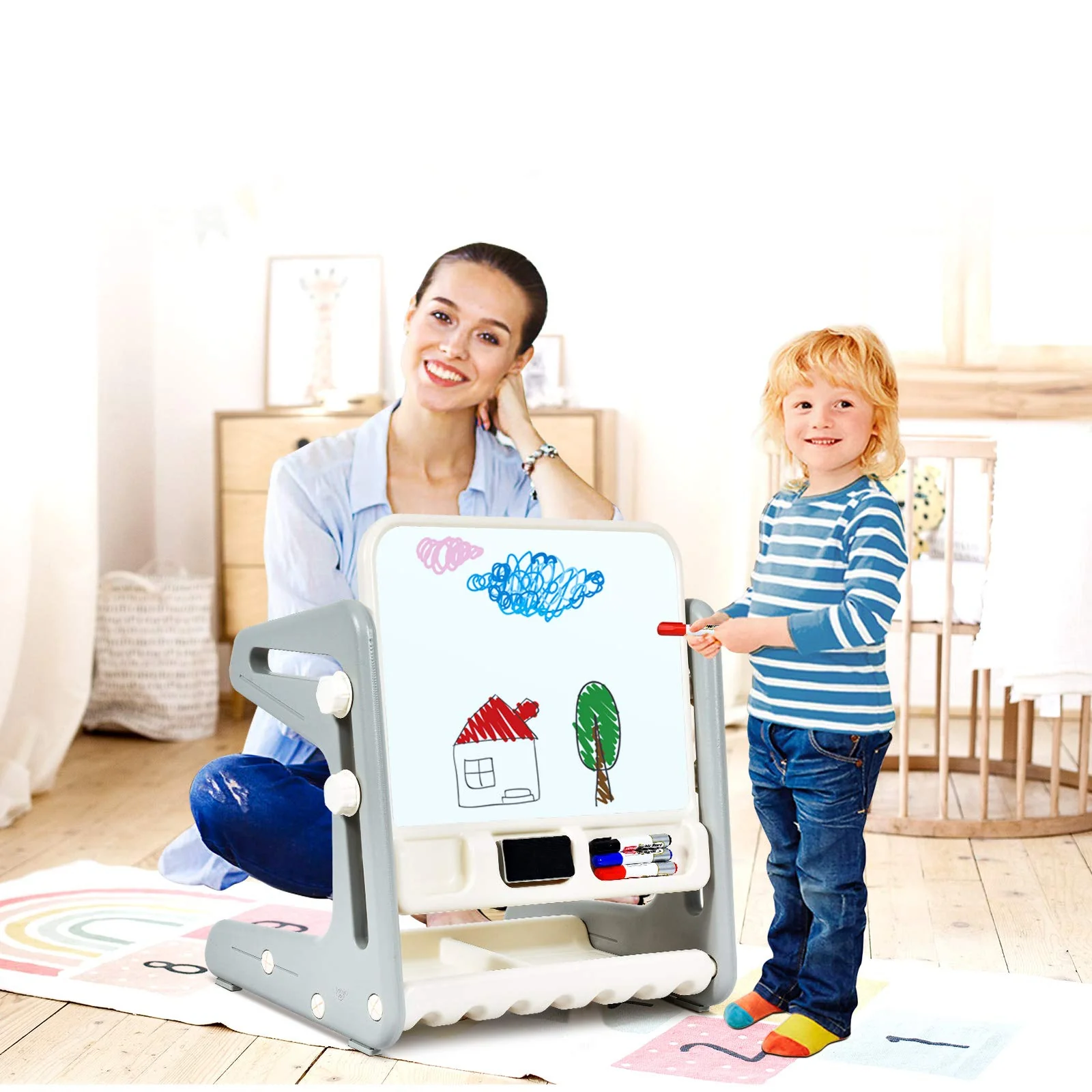 BABY JOY Kids Table & Chair, 2 in 1 Toddler Art Easel - Image 2