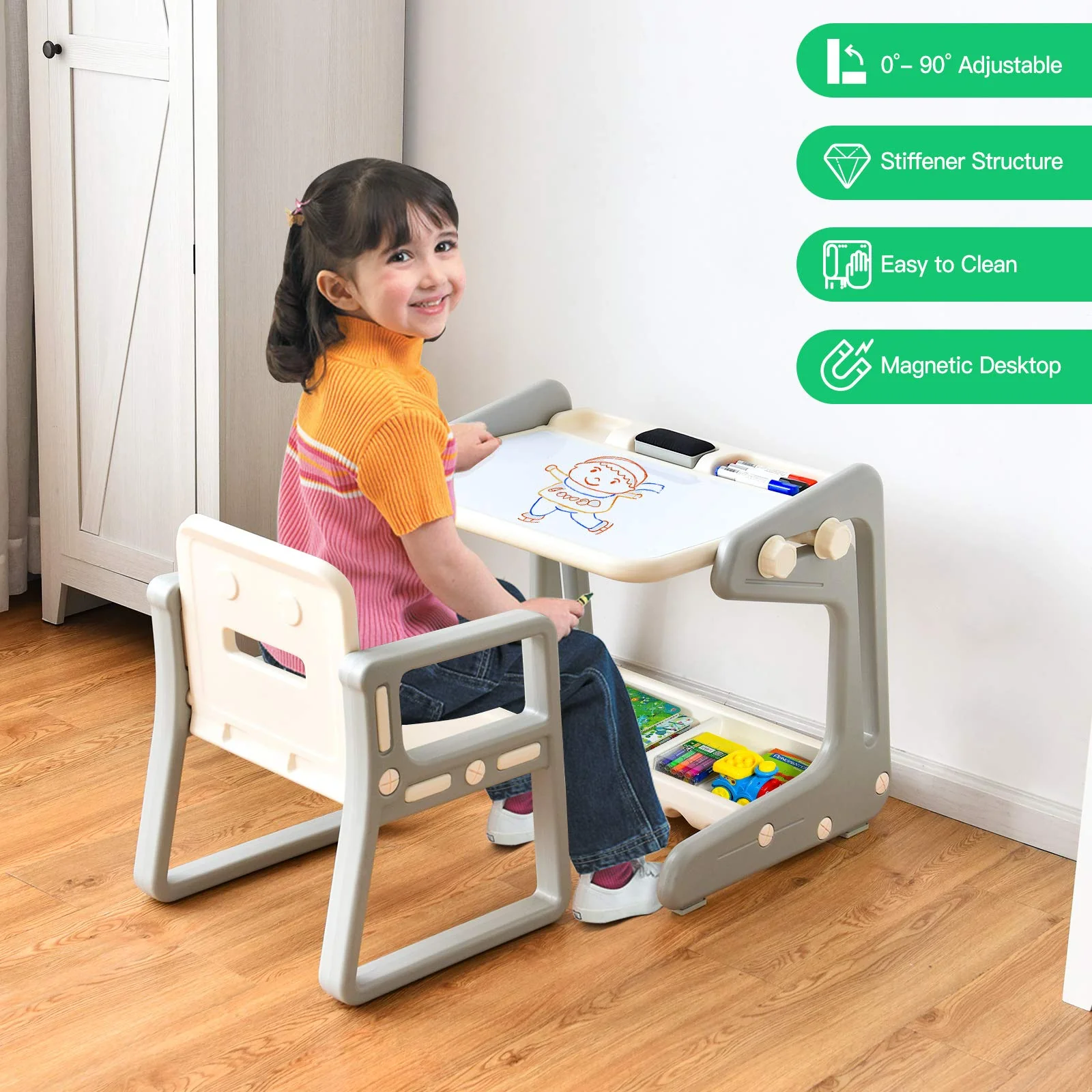 BABY JOY Kids Table & Chair, 2 in 1 Toddler Art Easel - Image 3