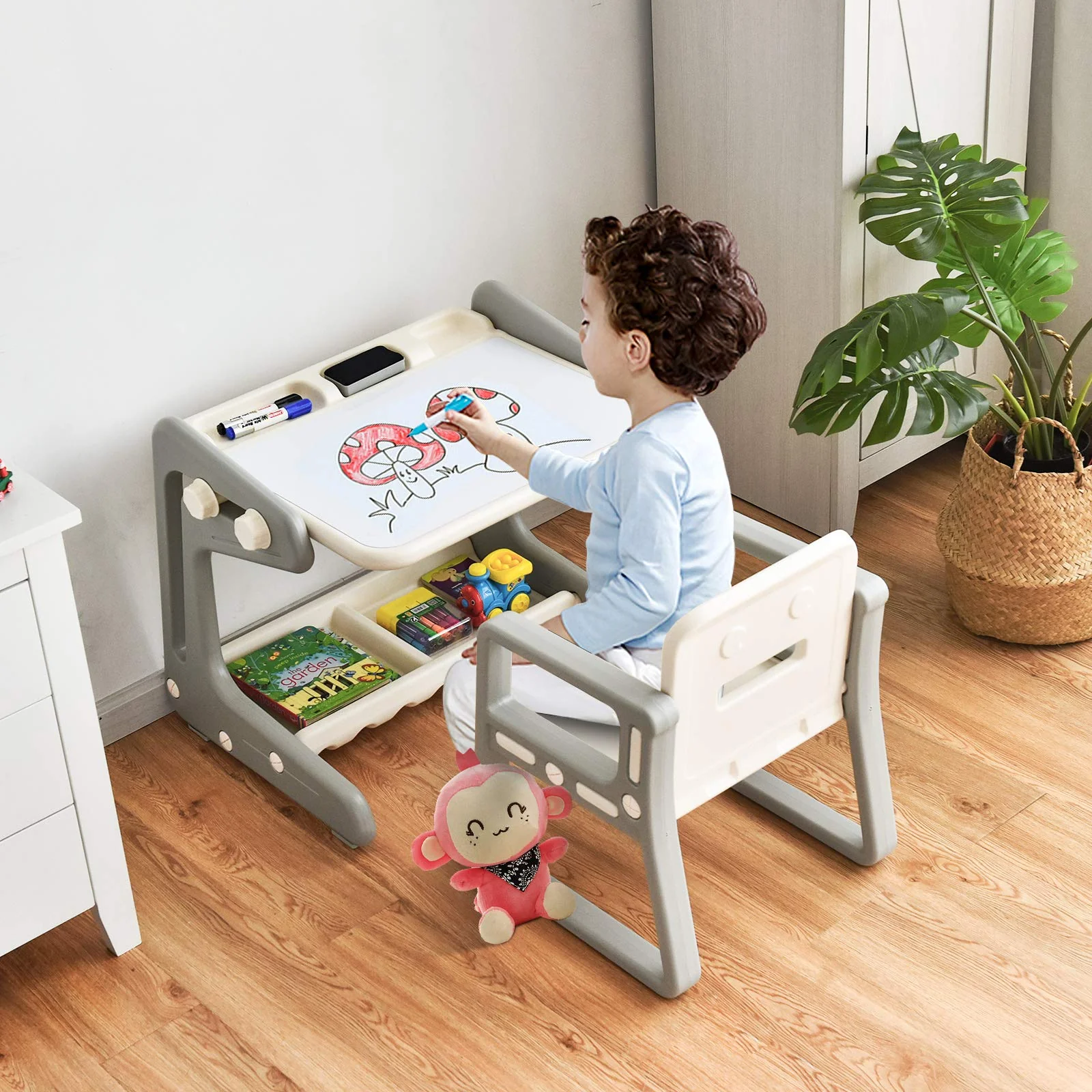 BABY JOY Kids Table & Chair, 2 in 1 Toddler Art Easel - Image 4