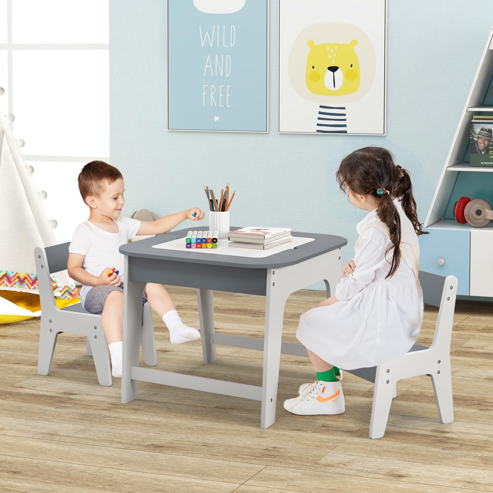 HONEY JOY Kid Table & 2 Chairs Set Activity Desk Whiteboard Blackboard w/Storage - Image 2