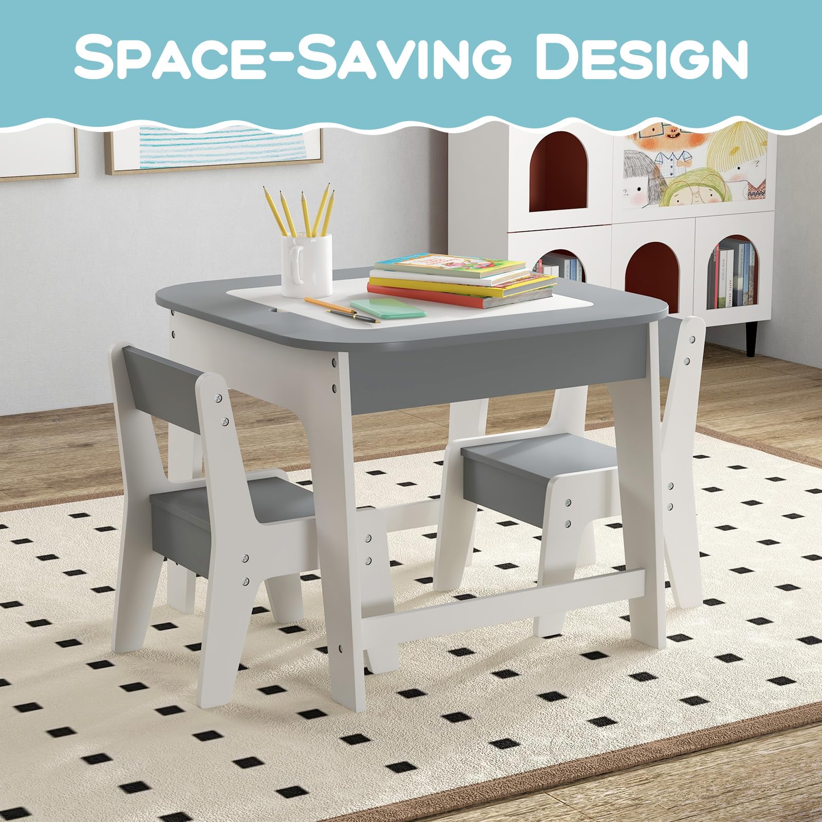 HONEY JOY Kid Table & 2 Chairs Set Activity Desk Whiteboard Blackboard w/Storage - Image 3