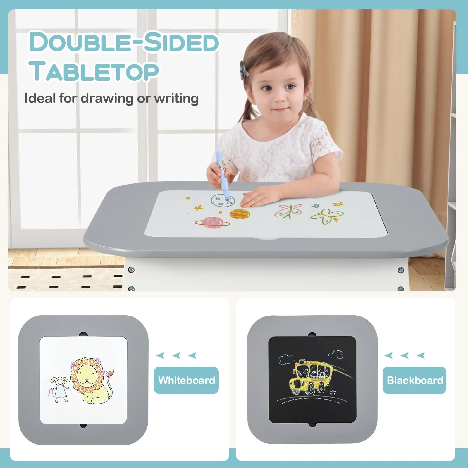 HONEY JOY Kid Table & 2 Chairs Set Activity Desk Whiteboard Blackboard w/Storage - Image 4