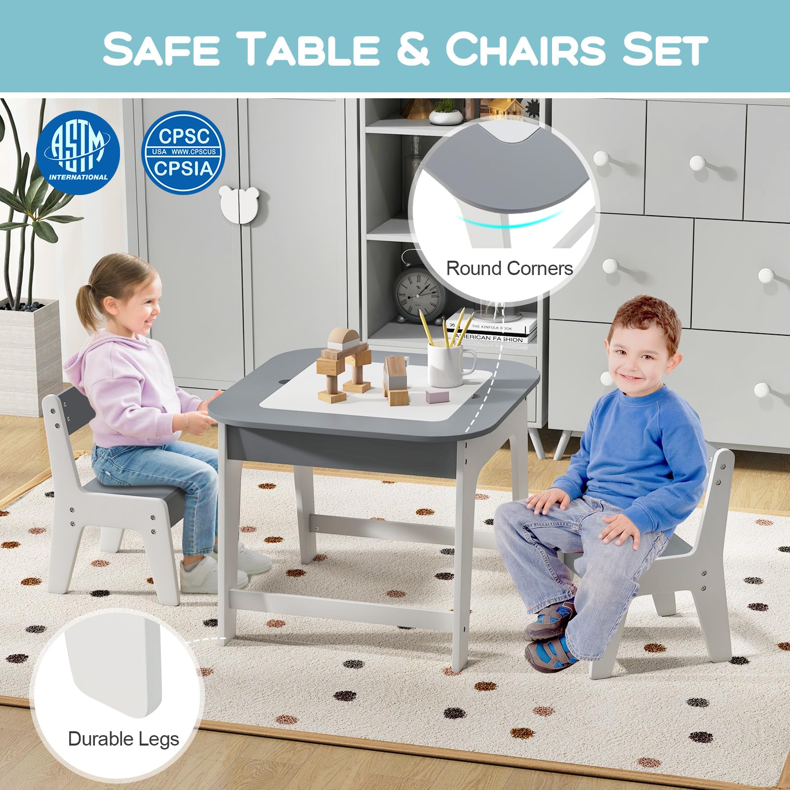 HONEY JOY Kid Table & 2 Chairs Set Activity Desk Whiteboard Blackboard w/Storage - Image 6