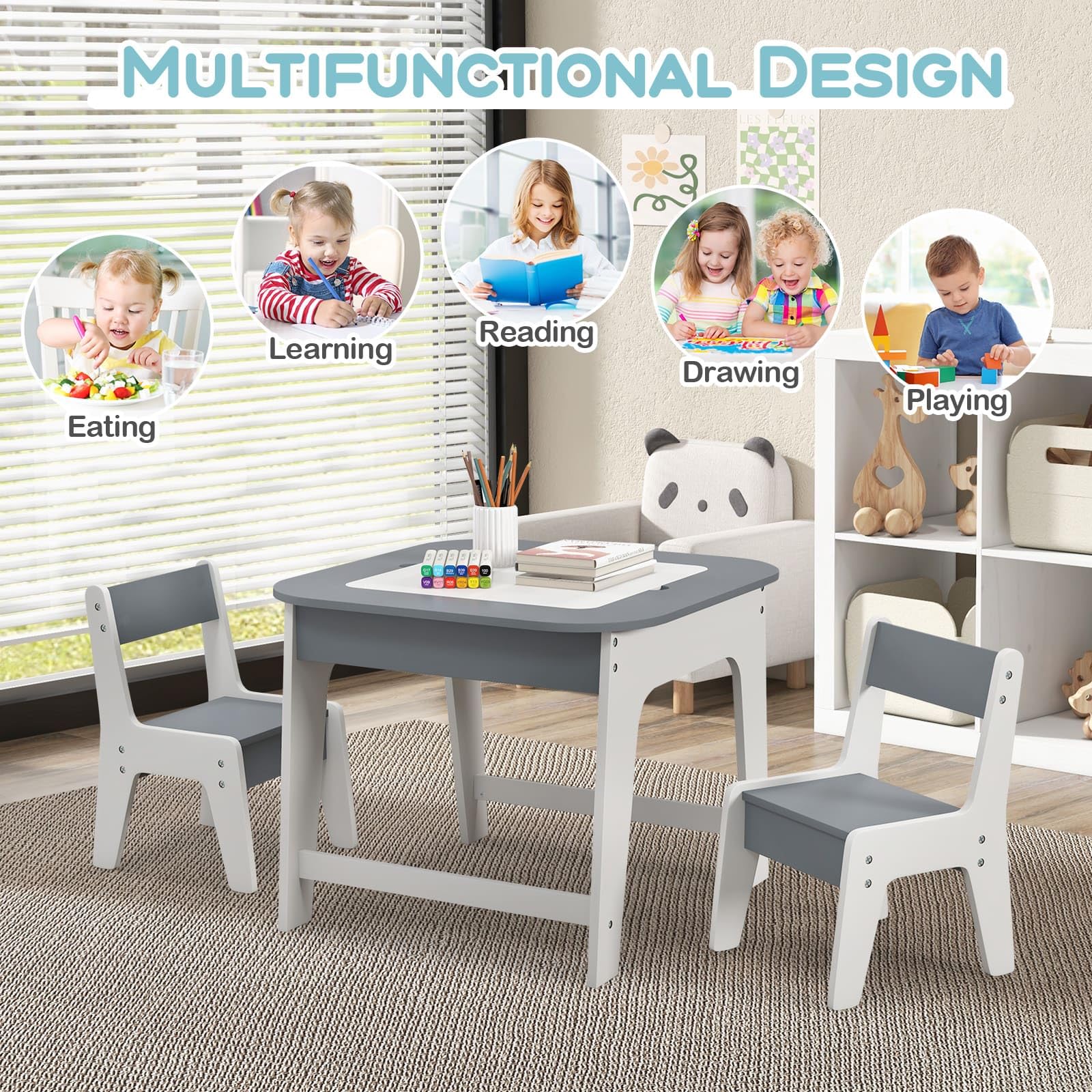 HONEY JOY Kid Table & 2 Chairs Set Activity Desk Whiteboard Blackboard w/Storage - Image 8