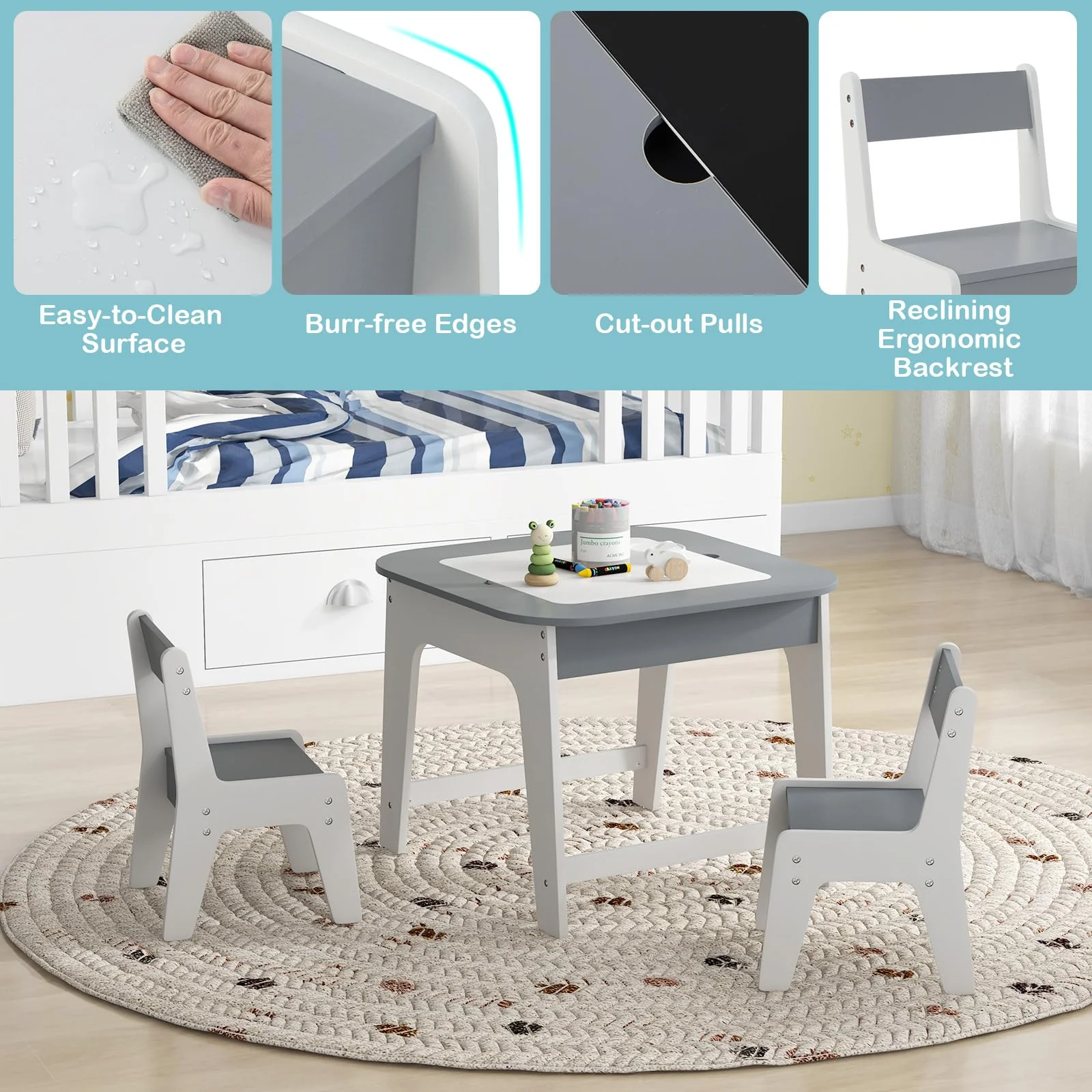 HONEY JOY Kid Table & 2 Chairs Set Activity Desk Whiteboard Blackboard w/Storage - Image 9