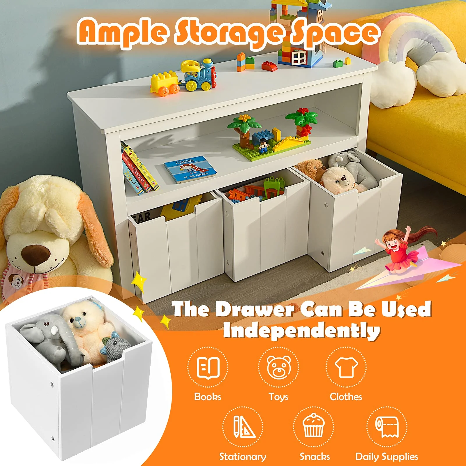 BABY JOY Kids Toy Storage Cabinet with 3 Removable Drawers, Rolling Wheels & Open Shelf - Image 4