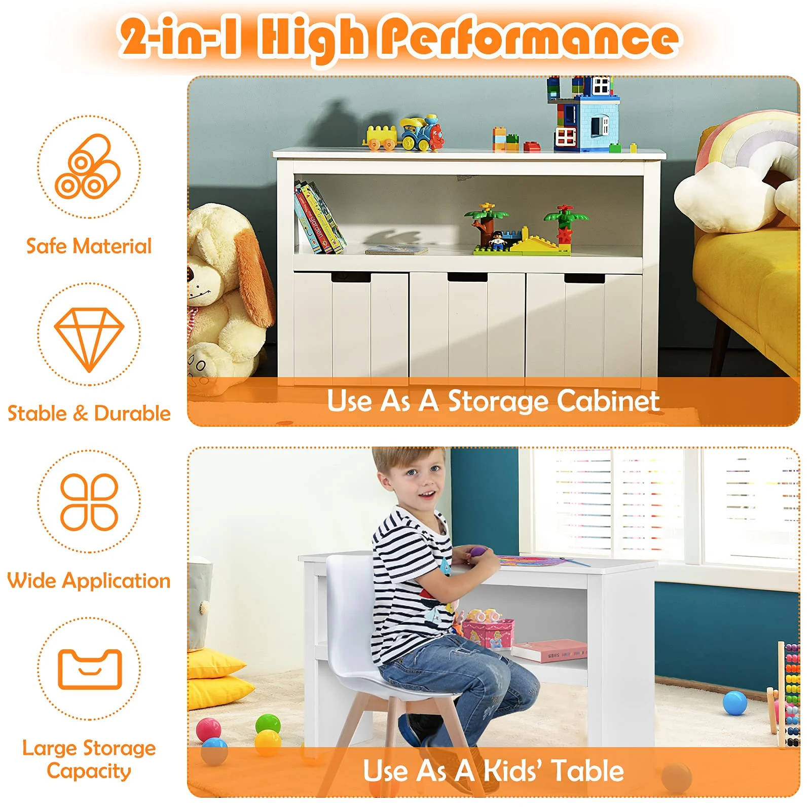 BABY JOY Kids Toy Storage Cabinet with 3 Removable Drawers, Rolling Wheels & Open Shelf - Image 5