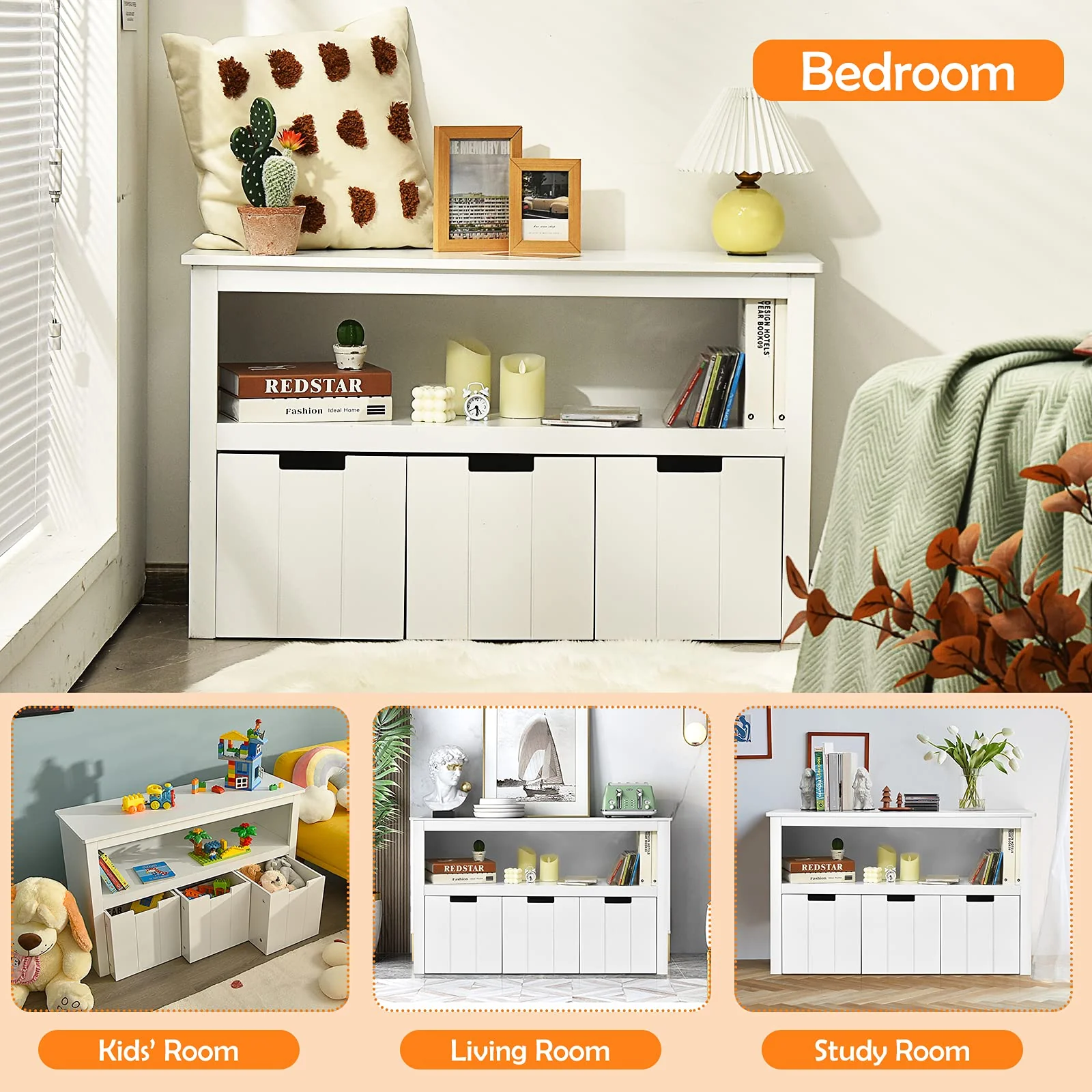 BABY JOY Kids Toy Storage Cabinet with 3 Removable Drawers, Rolling Wheels & Open Shelf - Image 6