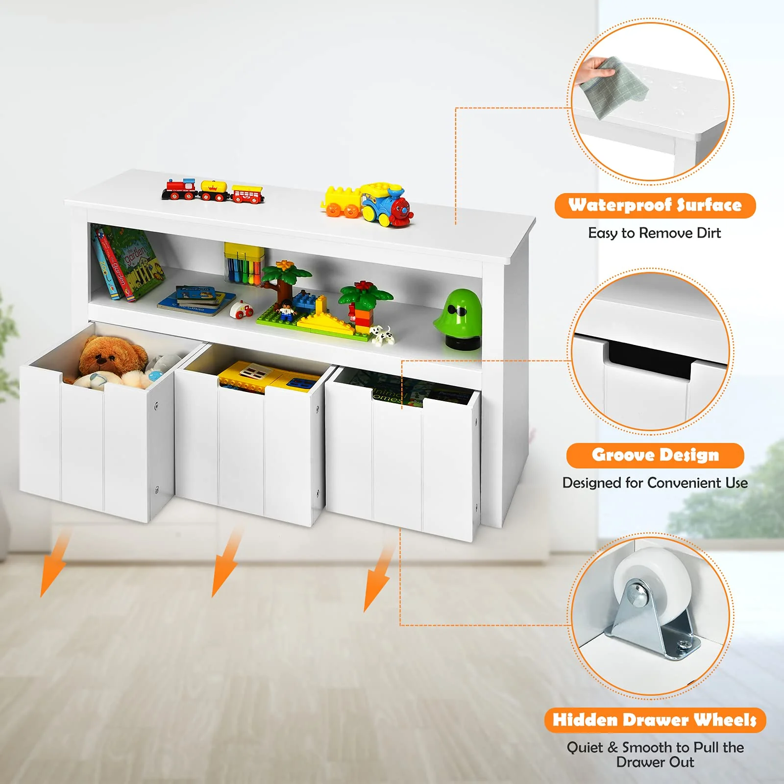 BABY JOY Kids Toy Storage Cabinet with 3 Removable Drawers, Rolling Wheels & Open Shelf - Image 8
