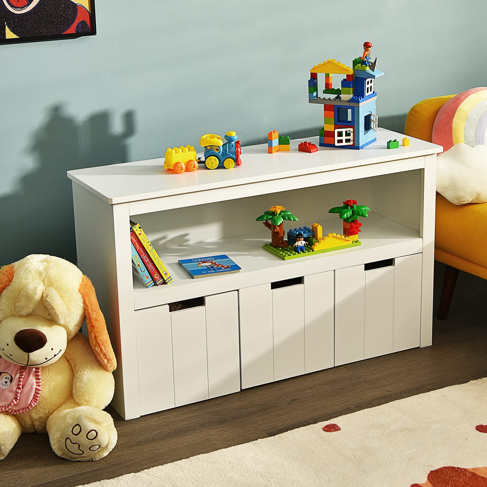 BABY JOY Kids Toy Storage Cabinet with 3 Removable Drawers, Rolling Wheels & Open Shelf - Image 9