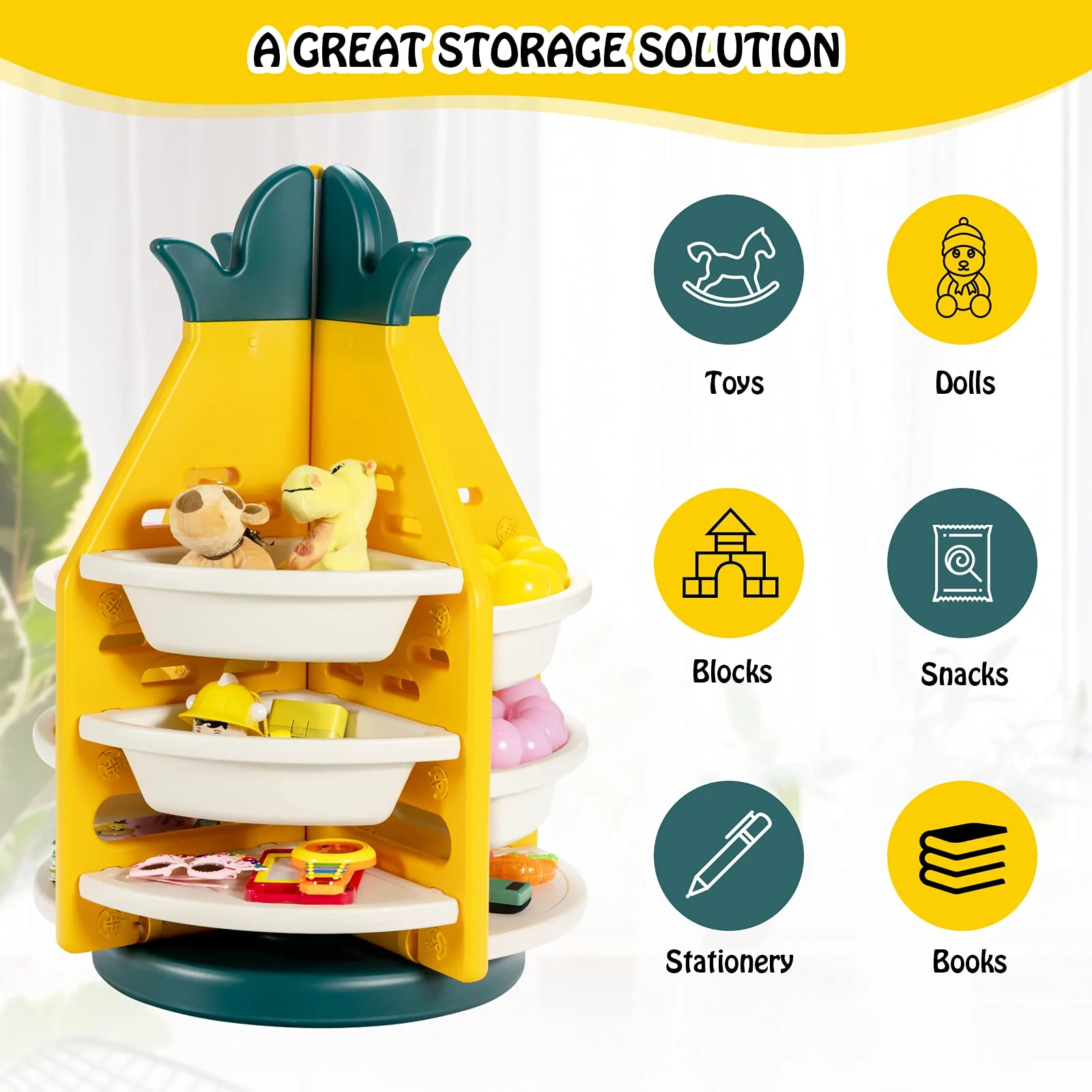 BABY JOY Kids Toy Storage Organiser, 3-Tier 360° Rotating Toy Shelf w/ 8 Bins & 4 Shelves - Image 6