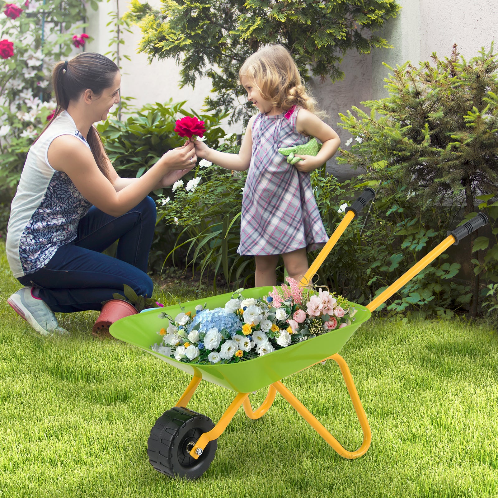 BABY JOY Kids Wheelbarrow, Children Steel Garden Wheelbarrow w/Non-Slip Handle, Wearable Wheels - Image 2