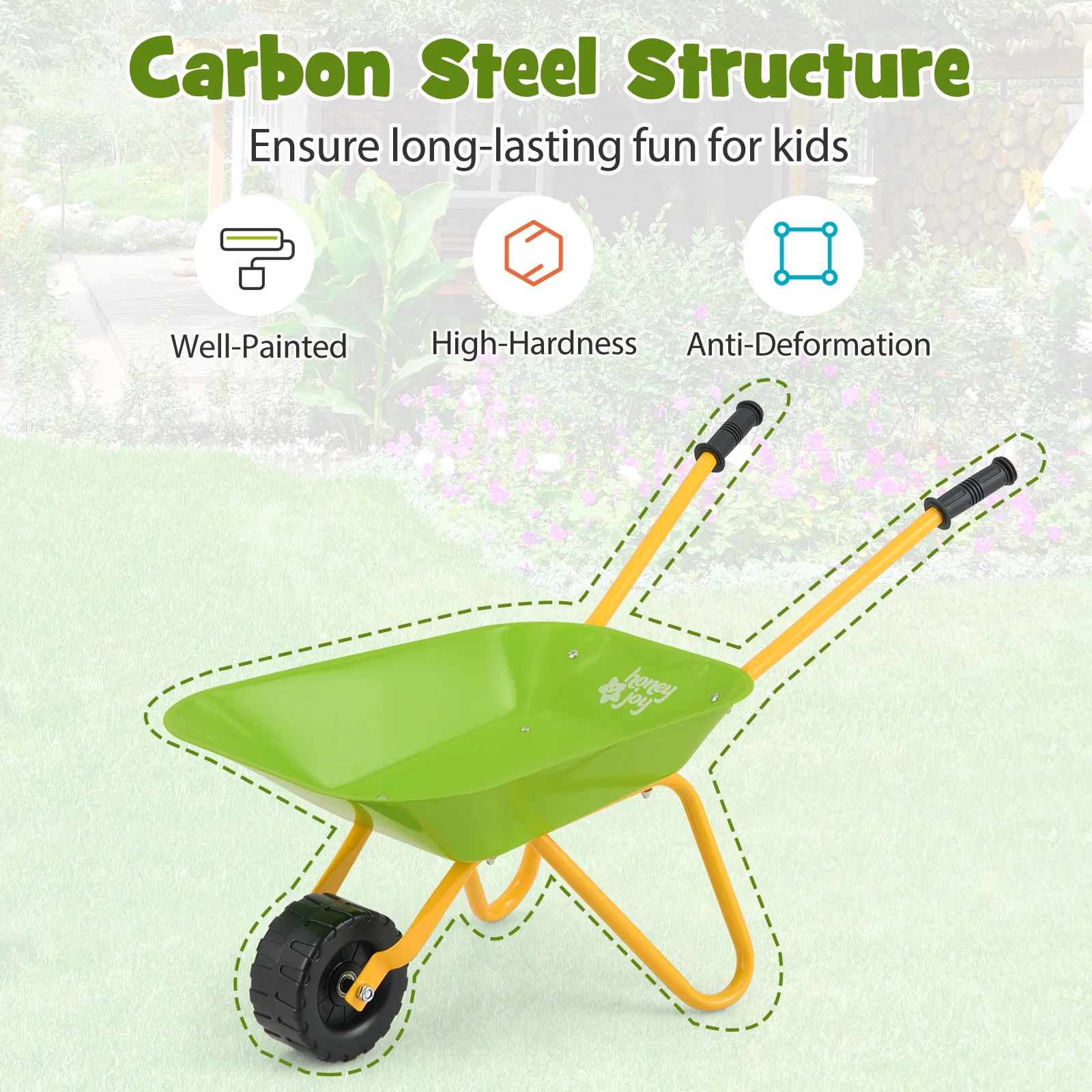 BABY JOY Kids Wheelbarrow, Children Steel Garden Wheelbarrow w/Non-Slip Handle, Wearable Wheels - Image 5