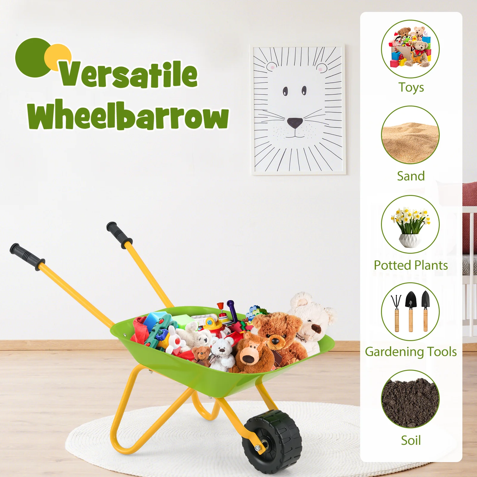 BABY JOY Kids Wheelbarrow, Children Steel Garden Wheelbarrow w/Non-Slip Handle, Wearable Wheels - Image 6