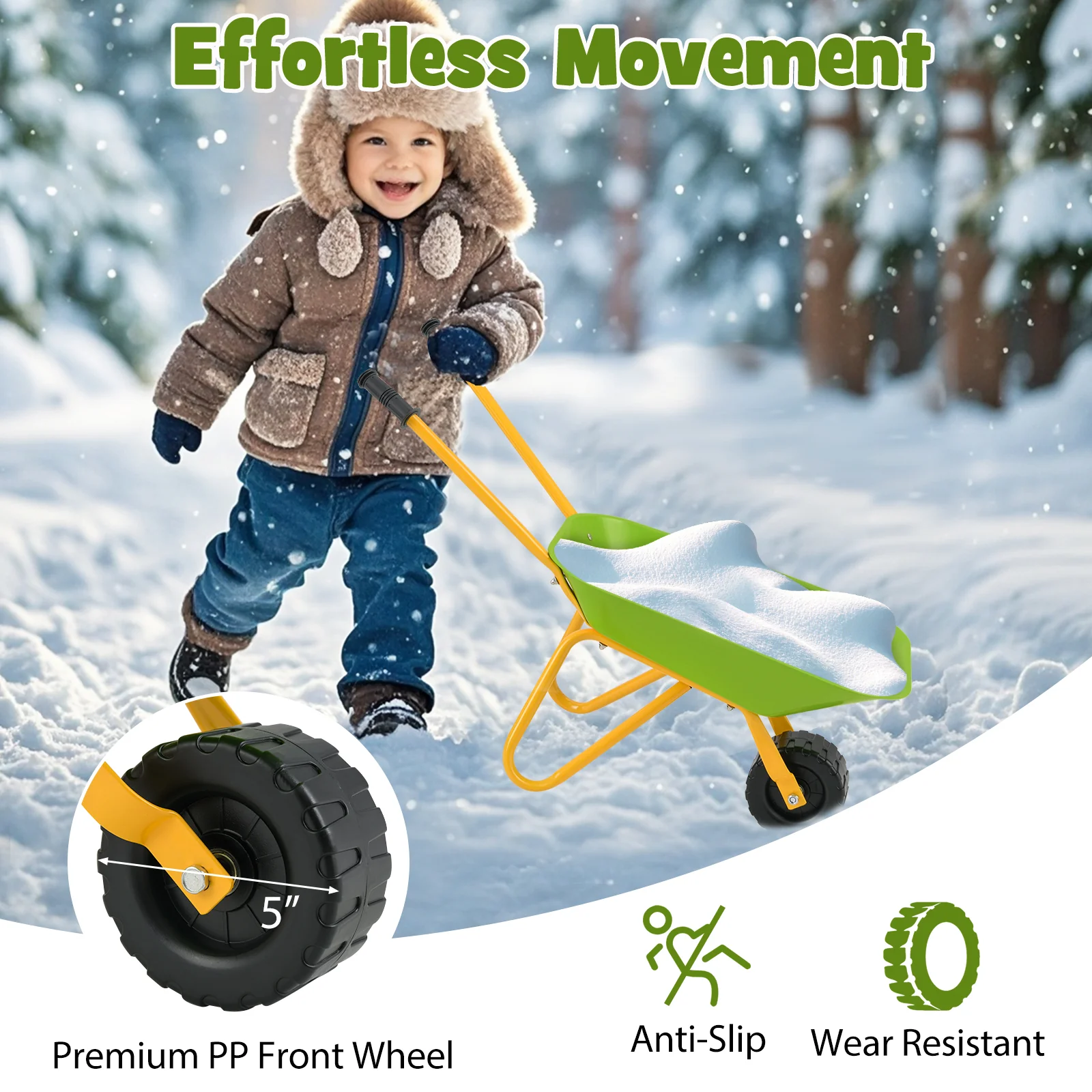 BABY JOY Kids Wheelbarrow, Children Steel Garden Wheelbarrow w/Non-Slip Handle, Wearable Wheels - Image 7