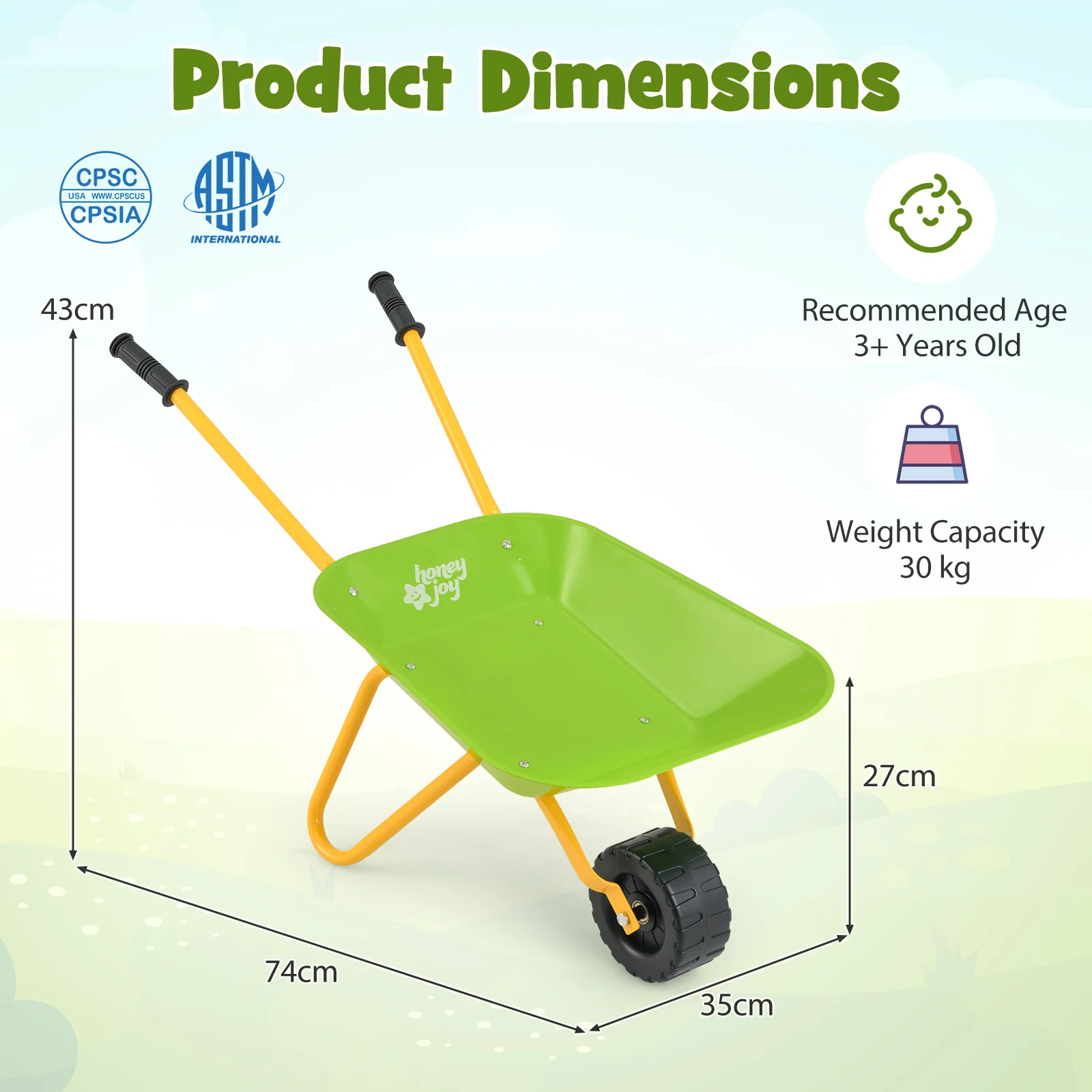 BABY JOY Kids Wheelbarrow, Children Steel Garden Wheelbarrow w/Non-Slip Handle, Wearable Wheels - Image 9