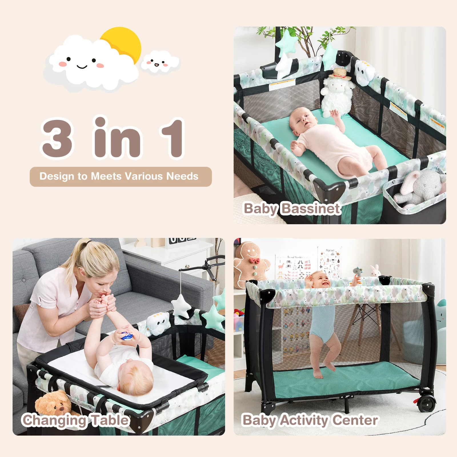 BABY JOY 3-in-1 Portable Baby Bassinets, Folding Travel Cot for Infant Toddler - Image 3