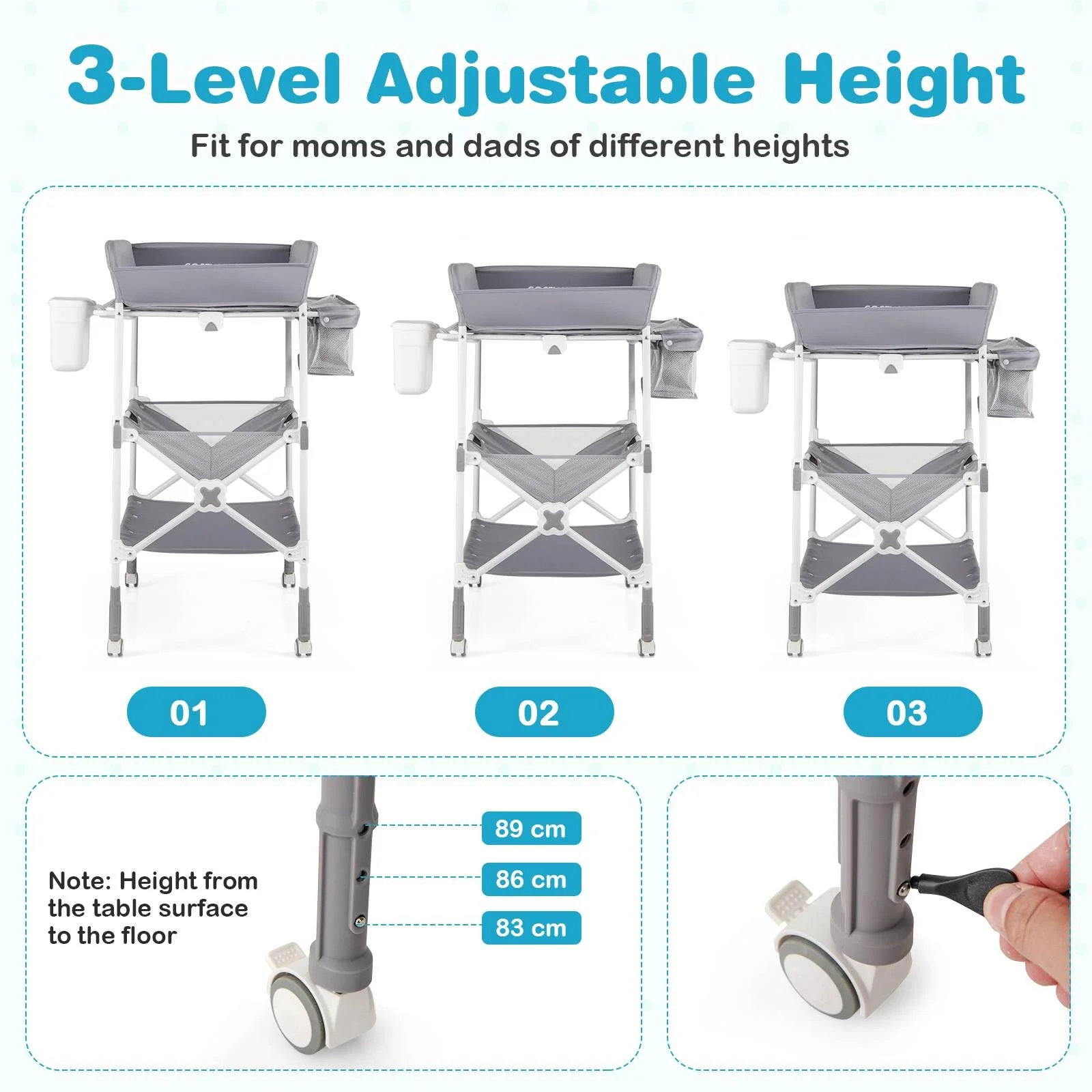 BABY JOY Portable Baby Changing Table w/ Wheels, Foldable Waterproof Diaper Changing Station w/ Adjustable Height - Image 4
