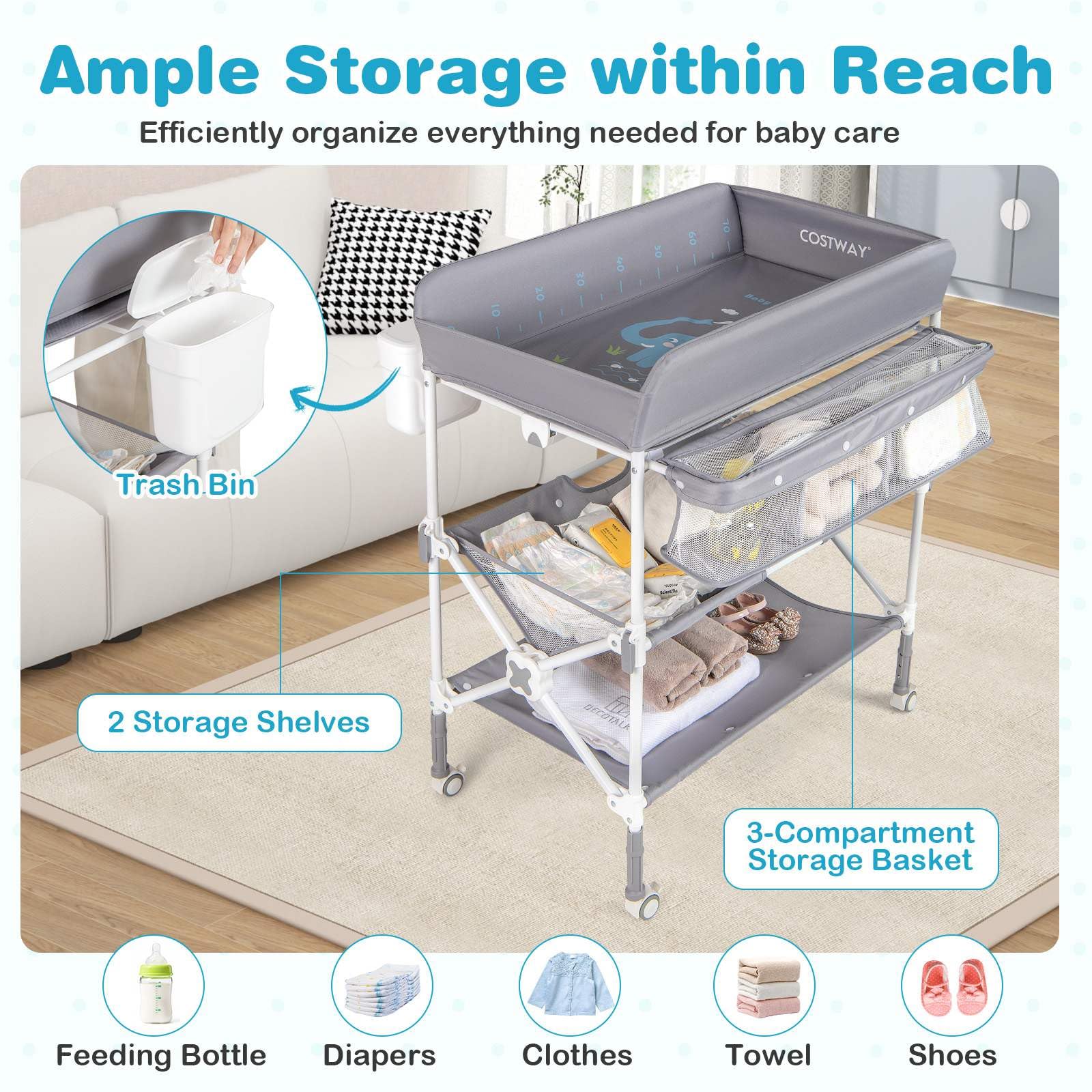 BABY JOY Portable Baby Changing Table w/ Wheels, Foldable Waterproof Diaper Changing Station w/ Adjustable Height - Image 6