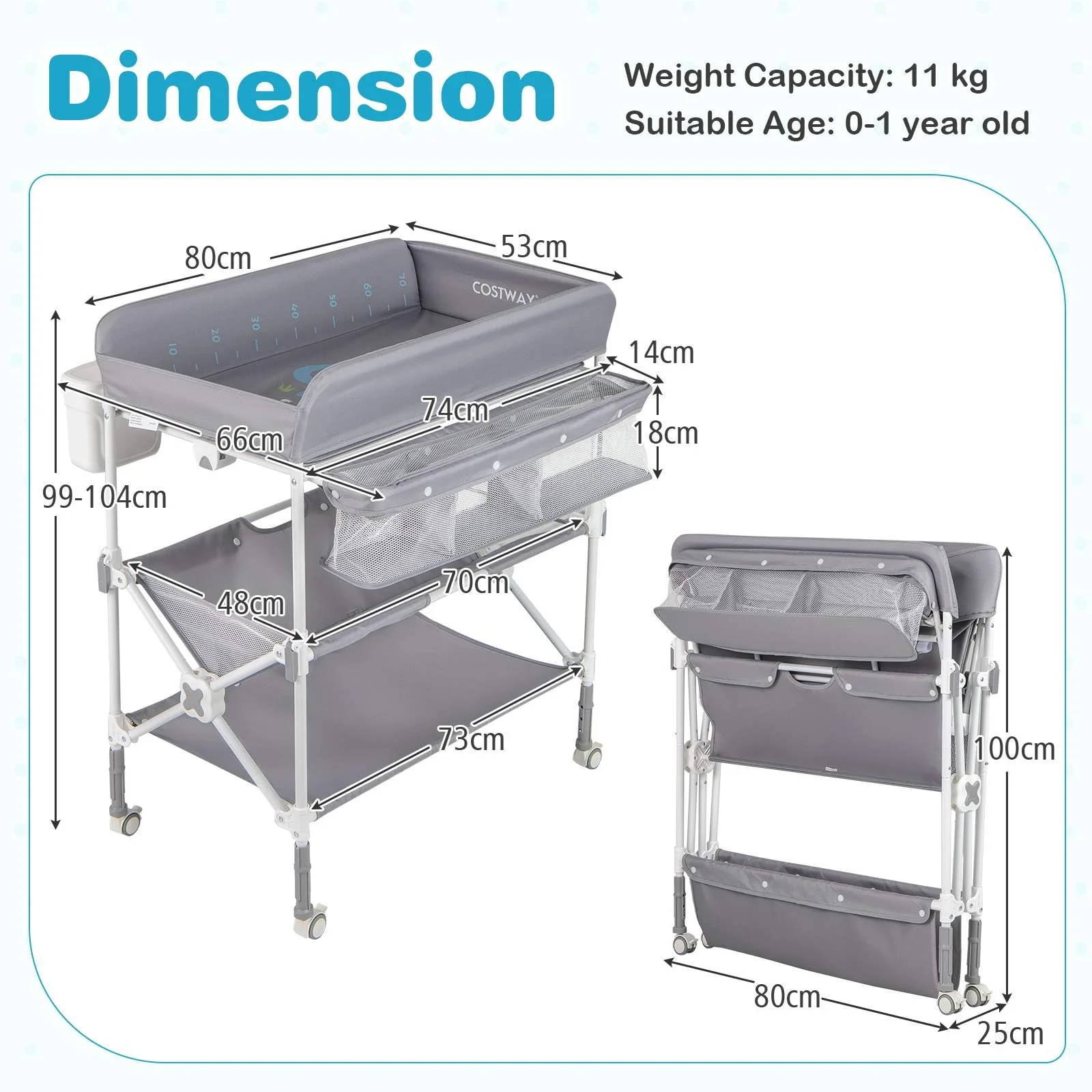 BABY JOY Portable Baby Changing Table w/ Wheels, Foldable Waterproof Diaper Changing Station w/ Adjustable Height - Image 7