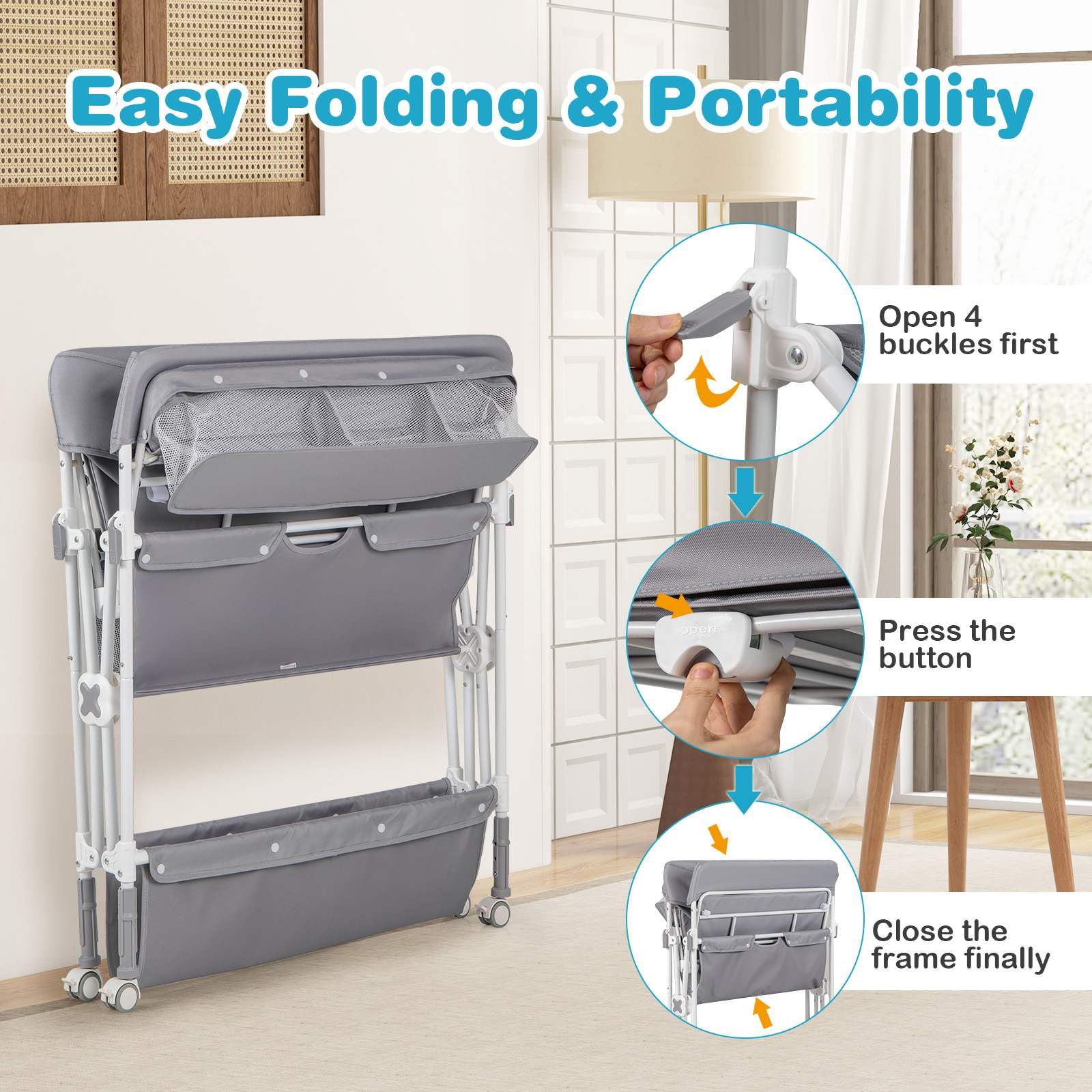 BABY JOY Portable Baby Changing Table w/ Wheels, Foldable Waterproof Diaper Changing Station w/ Adjustable Height - Image 8