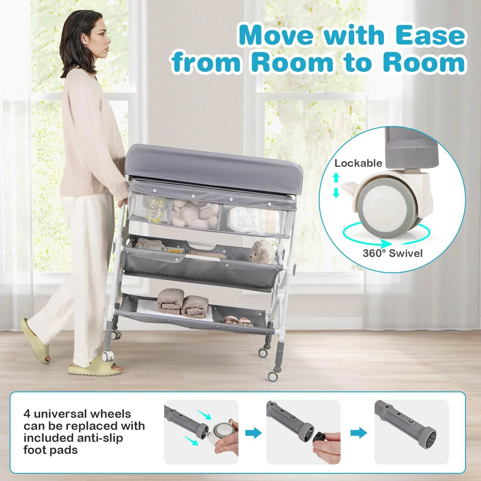 BABY JOY Portable Baby Changing Table w/ Wheels, Foldable Waterproof Diaper Changing Station w/ Adjustable Height - Image 9