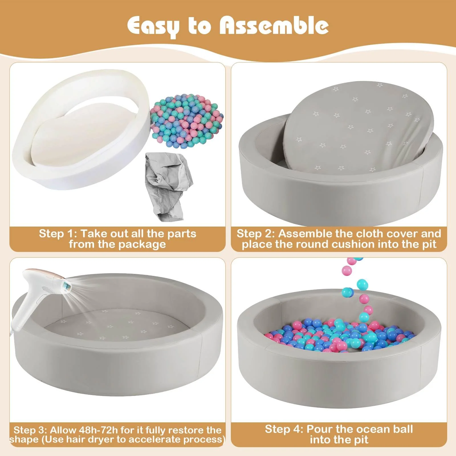BABY JOY Round Foam Ball Pits, Ball Pits for Toddlers 105cm x 24cm w/Sponge Filling - Image 9