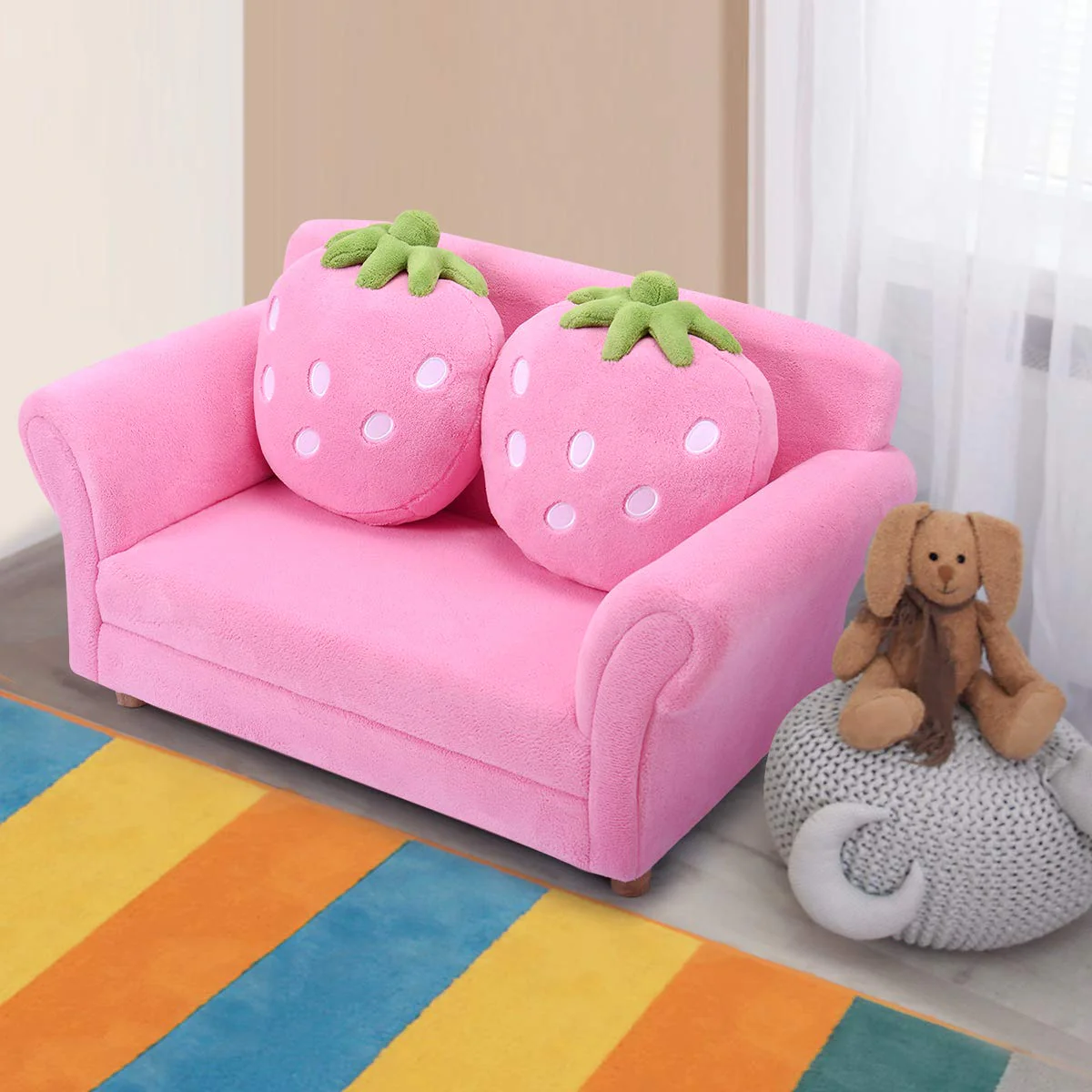 BABY JOY Toddler Couch with 2 Strawberry Pillows, Children Upholstered Loveseat Lounge Bed - Image 3