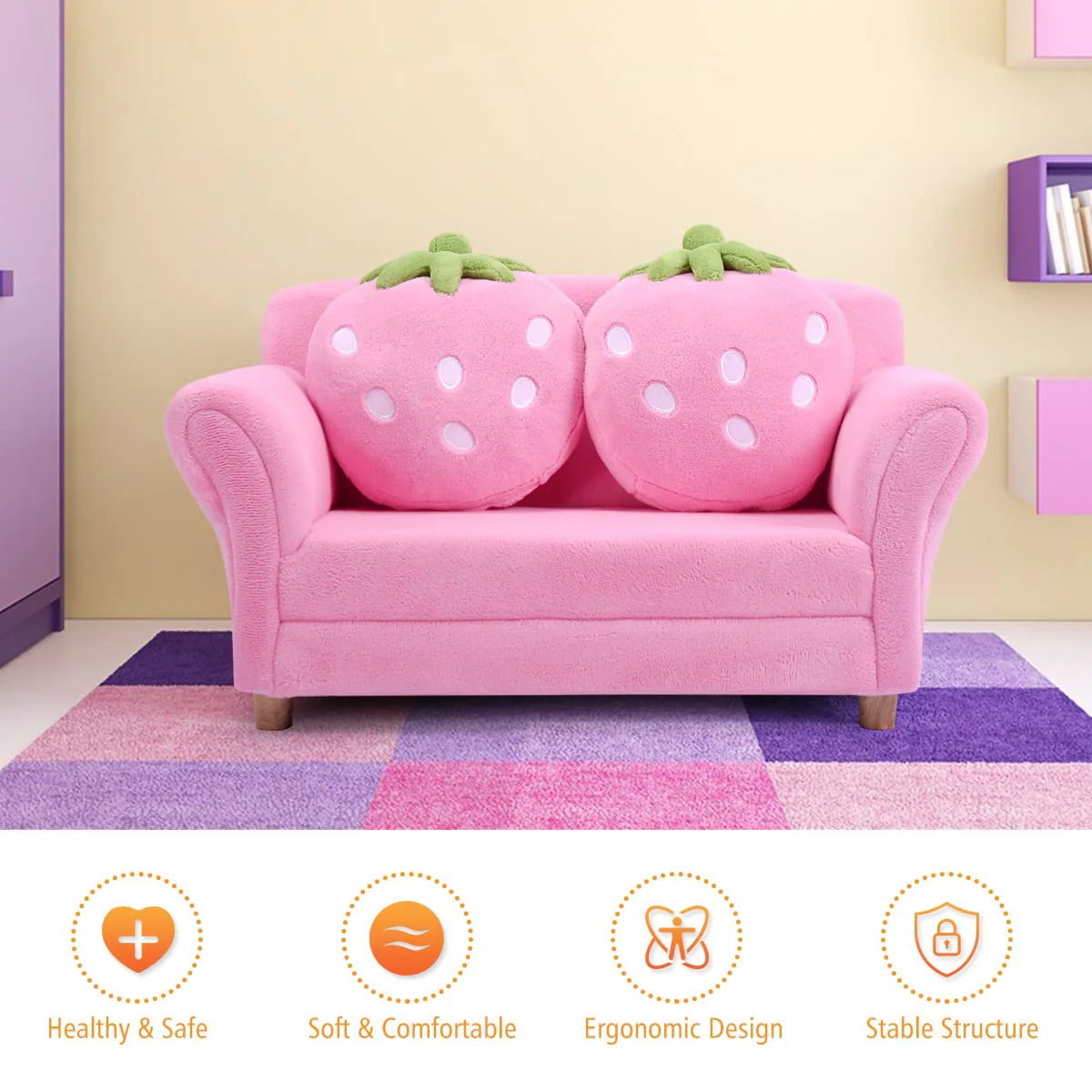 BABY JOY Toddler Couch with 2 Strawberry Pillows, Children Upholstered Loveseat Lounge Bed - Image 5
