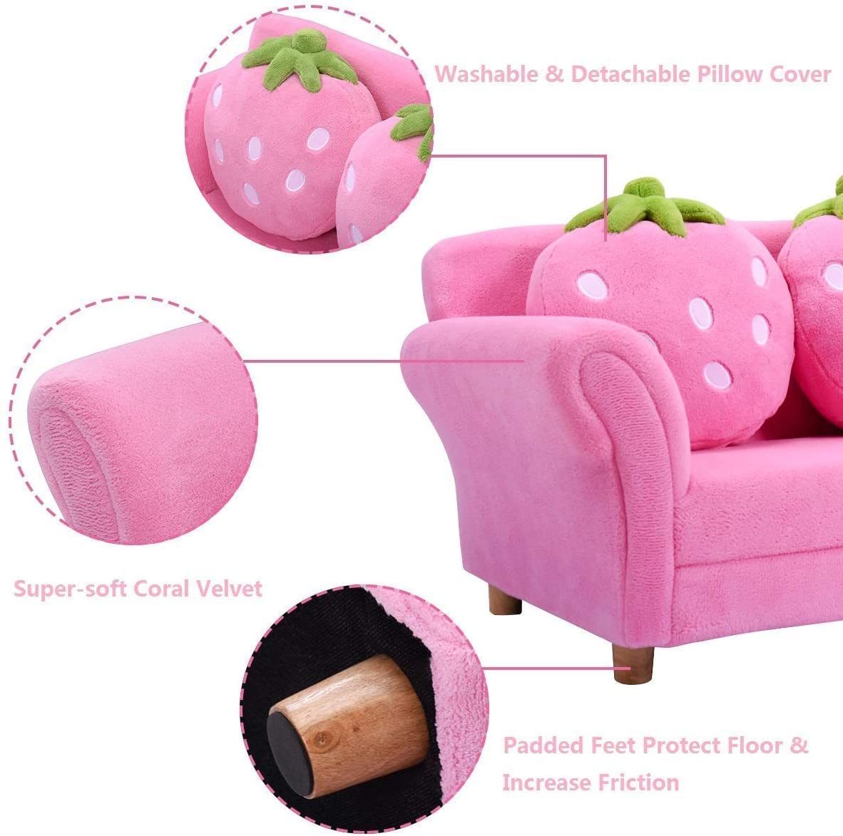 BABY JOY Toddler Couch with 2 Strawberry Pillows, Children Upholstered Loveseat Lounge Bed - Image 6