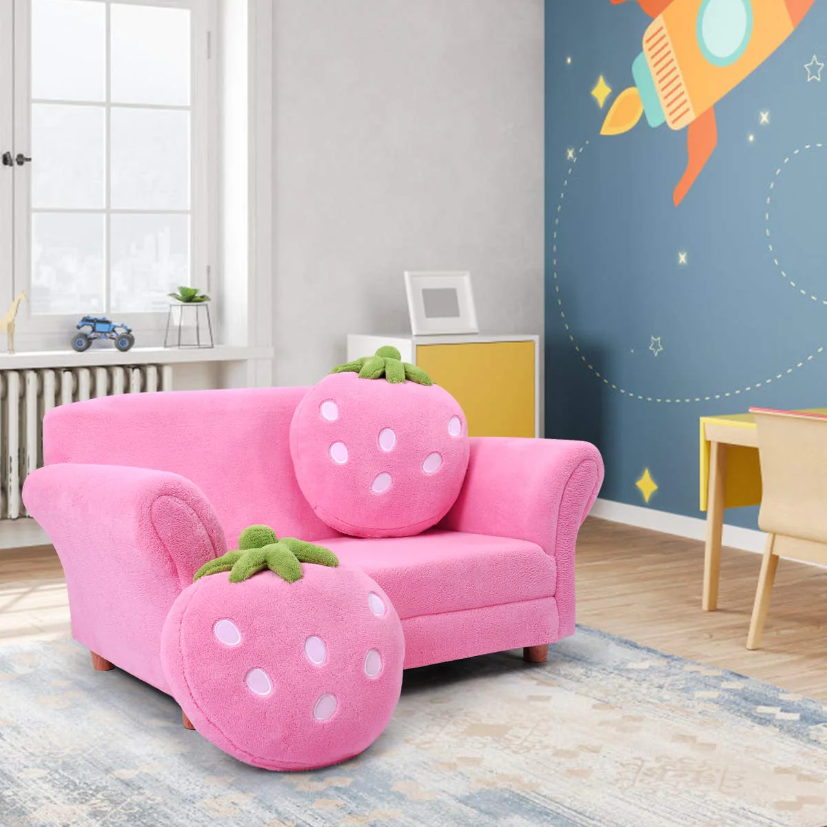 BABY JOY Toddler Couch with 2 Strawberry Pillows, Children Upholstered Loveseat Lounge Bed - Image 7