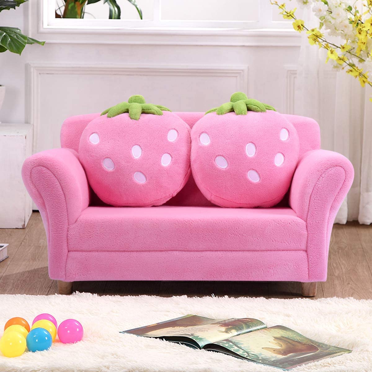 BABY JOY Toddler Couch with 2 Strawberry Pillows, Children Upholstered Loveseat Lounge Bed - Image 8