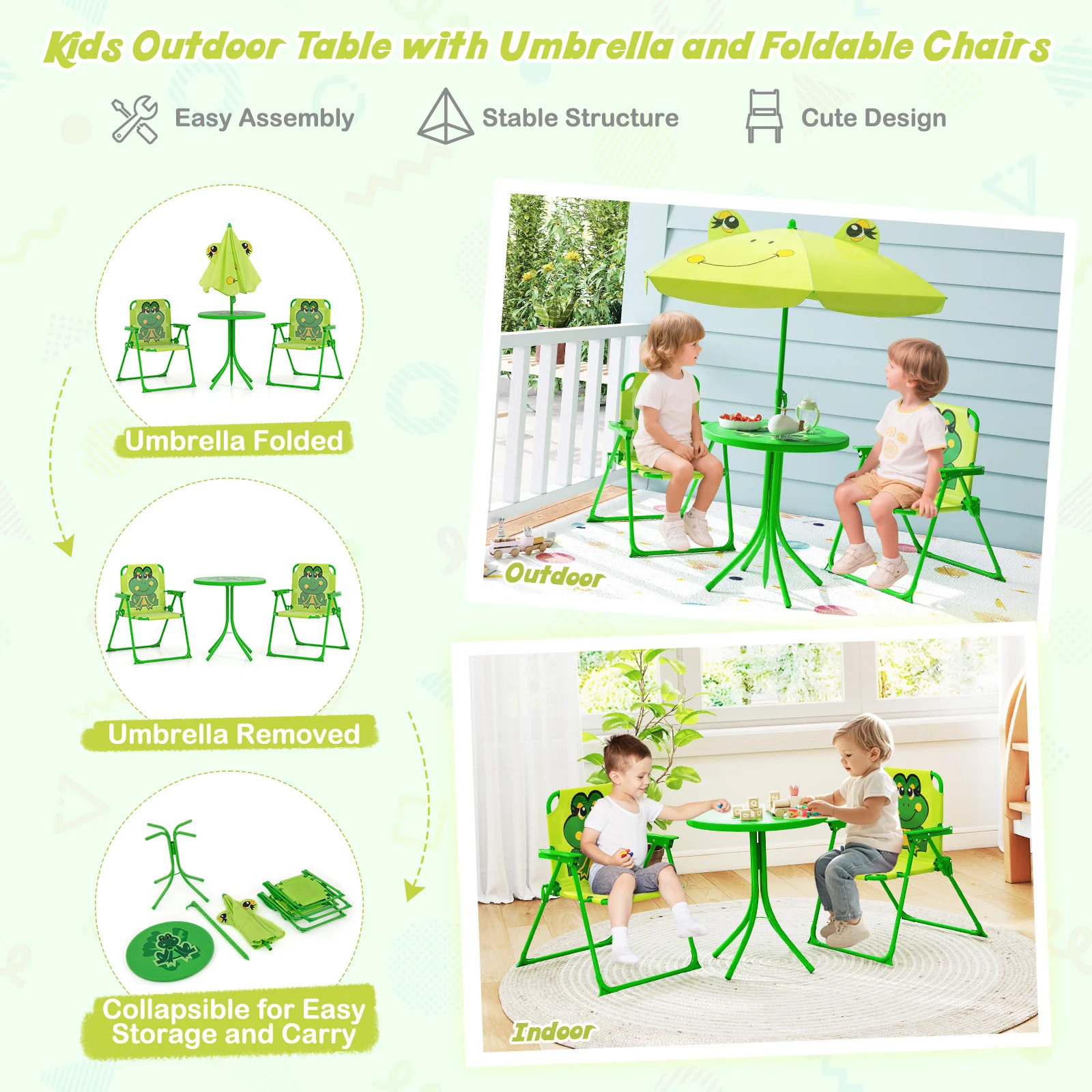 Baby Joy Toddler Outdoor Activity Table with 2 Folding Chairs & a Height Adjustable Umbrella - Image 4