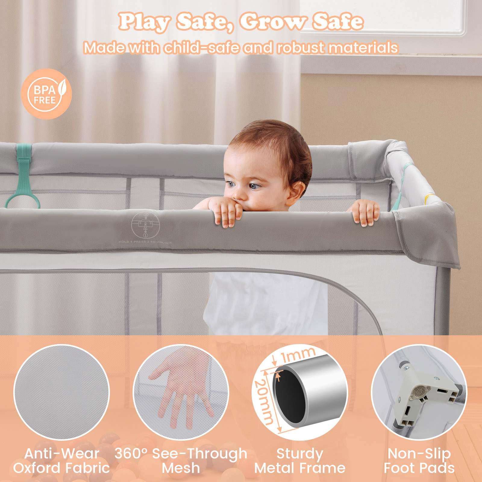 BABY JOY Baby Playpen, BPA-Free Foldable Toddlers Safety Fence Play Yard - Image 8