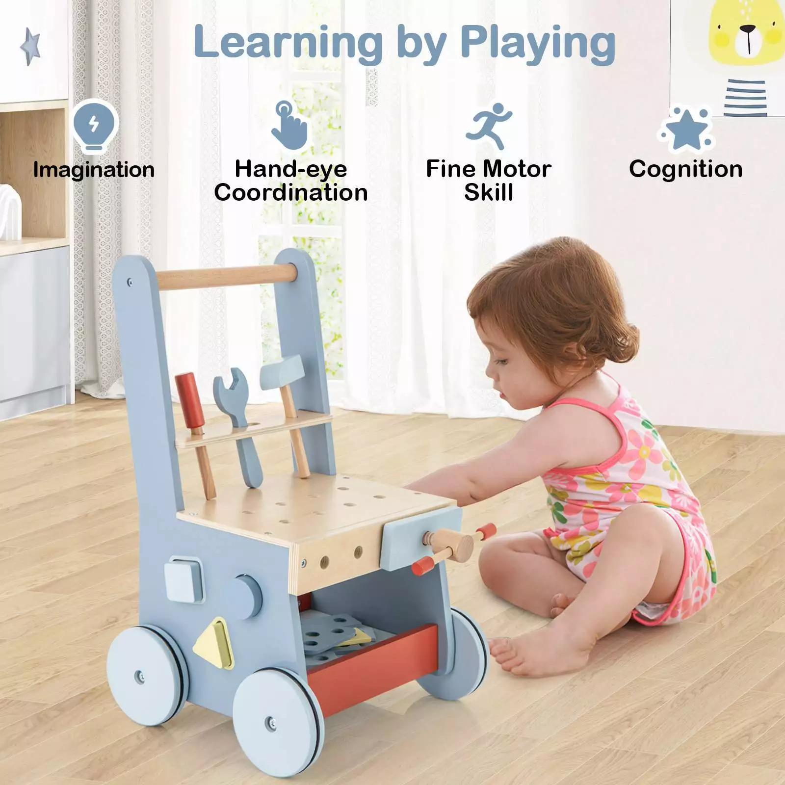 BABY JOY Wooden Baby Push Walker 2-in-1 Toddler Montessori Activity Walker - Image 7