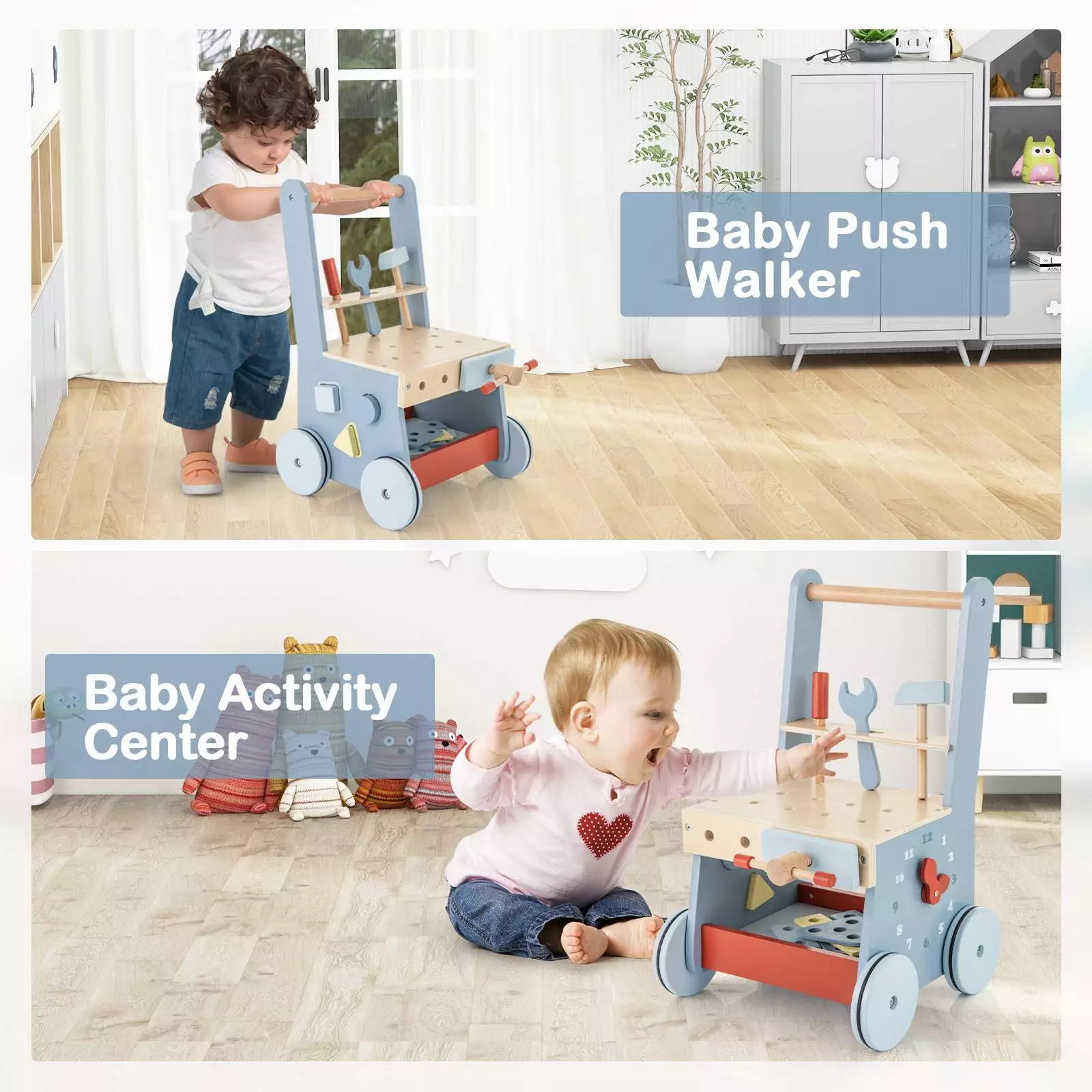 BABY JOY Wooden Baby Push Walker 2-in-1 Toddler Montessori Activity Walker - Image 8