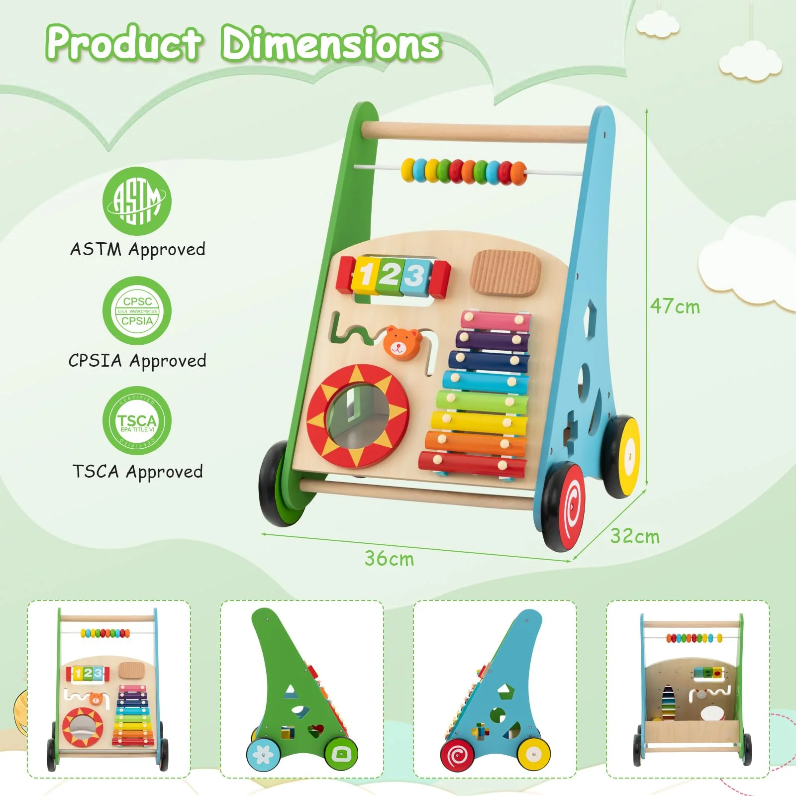 BABY JOY Wooden Baby Walker, Push and Pull Sit-to-Stand Learning Walker - Image 3