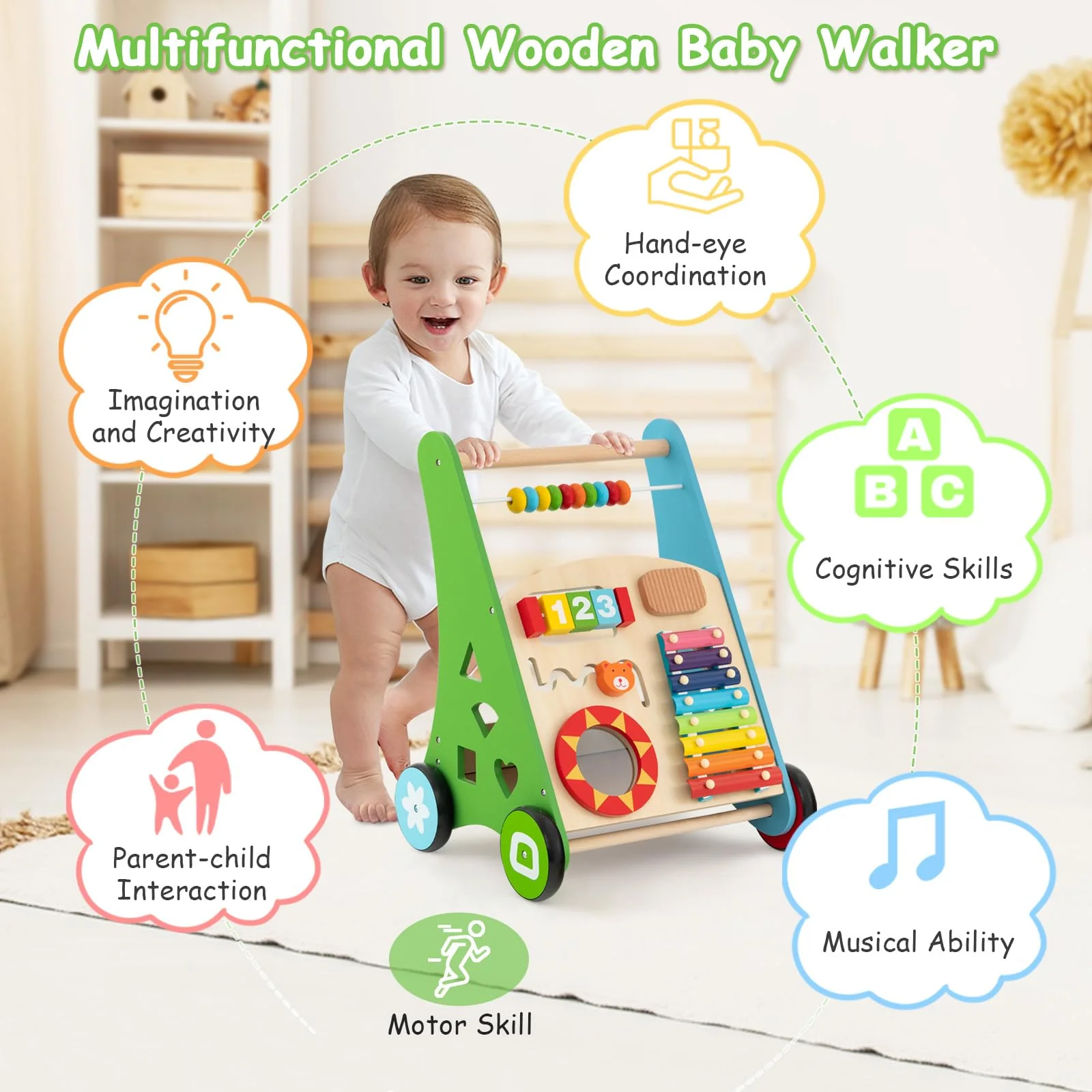 BABY JOY Wooden Baby Walker, Push and Pull Sit-to-Stand Learning Walker - Image 5