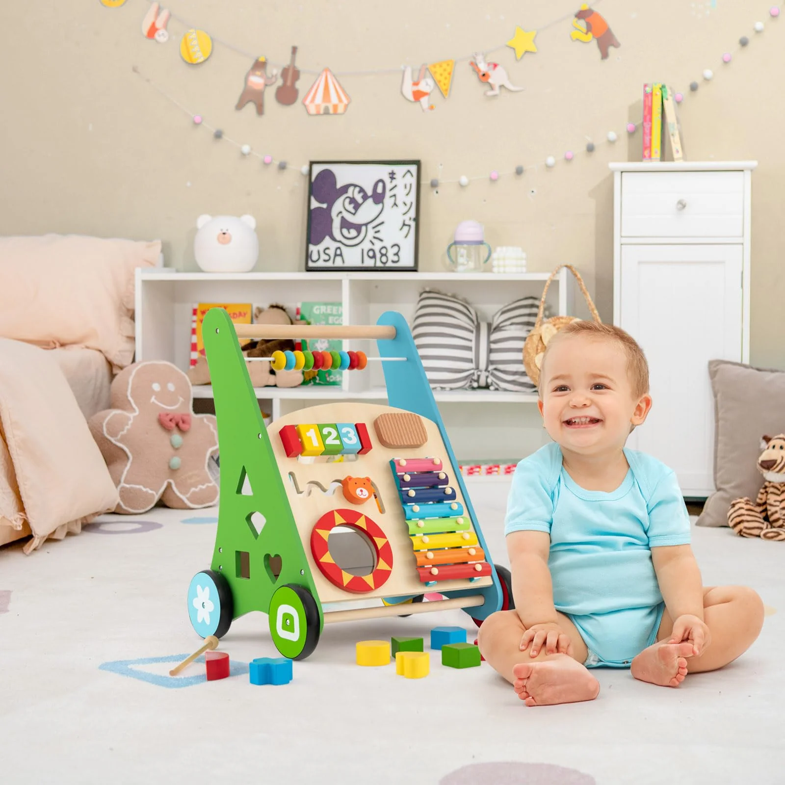 BABY JOY Wooden Baby Walker, Push and Pull Sit-to-Stand Learning Walker - Image 9
