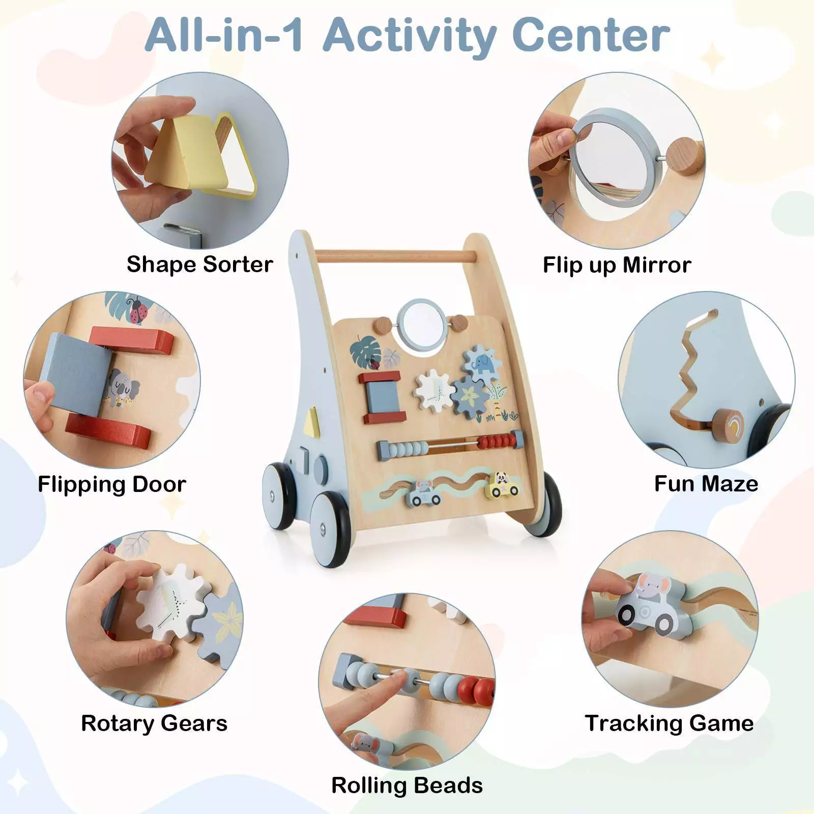BABY JOY Wooden Baby Walker Push & Pull Walker Montessori Multi-Activity Center - Image 8