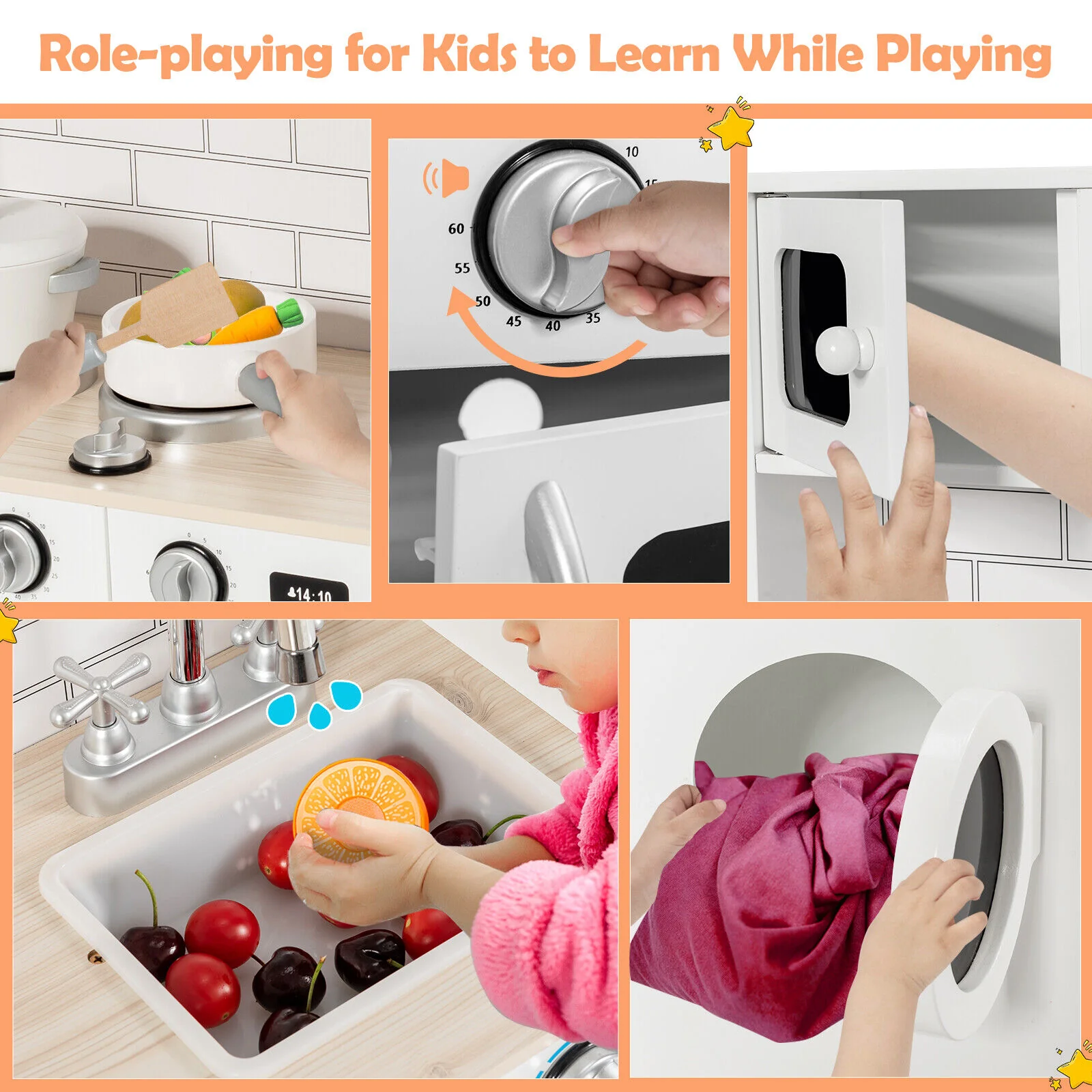 BABYJOY Kids Play Kitchen Wooden Cooking Pretend Playset Cookware - Image 5