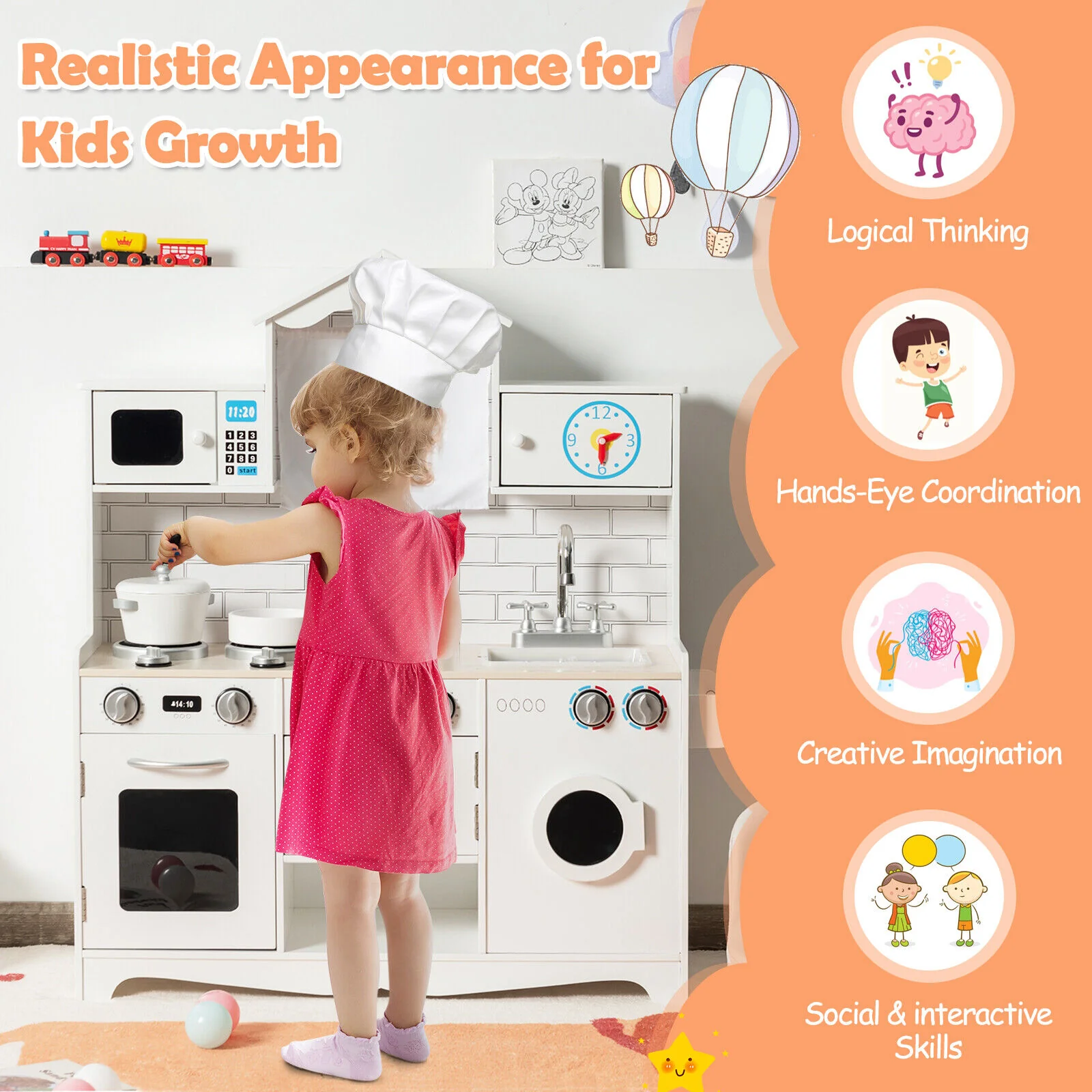 BABYJOY Kids Play Kitchen Wooden Cooking Pretend Playset Cookware - Image 6