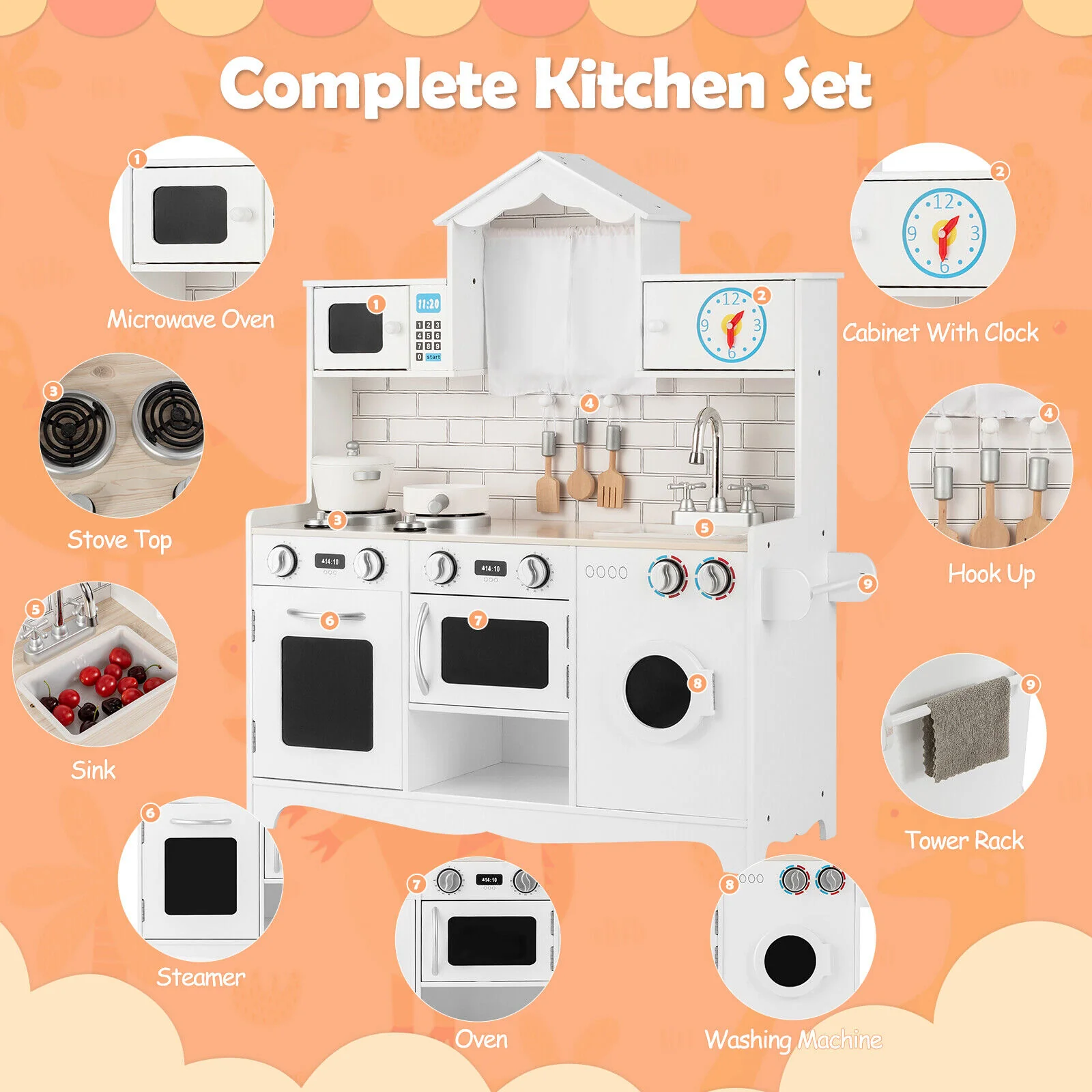 BABYJOY Kids Play Kitchen Wooden Cooking Pretend Playset Cookware - Image 7