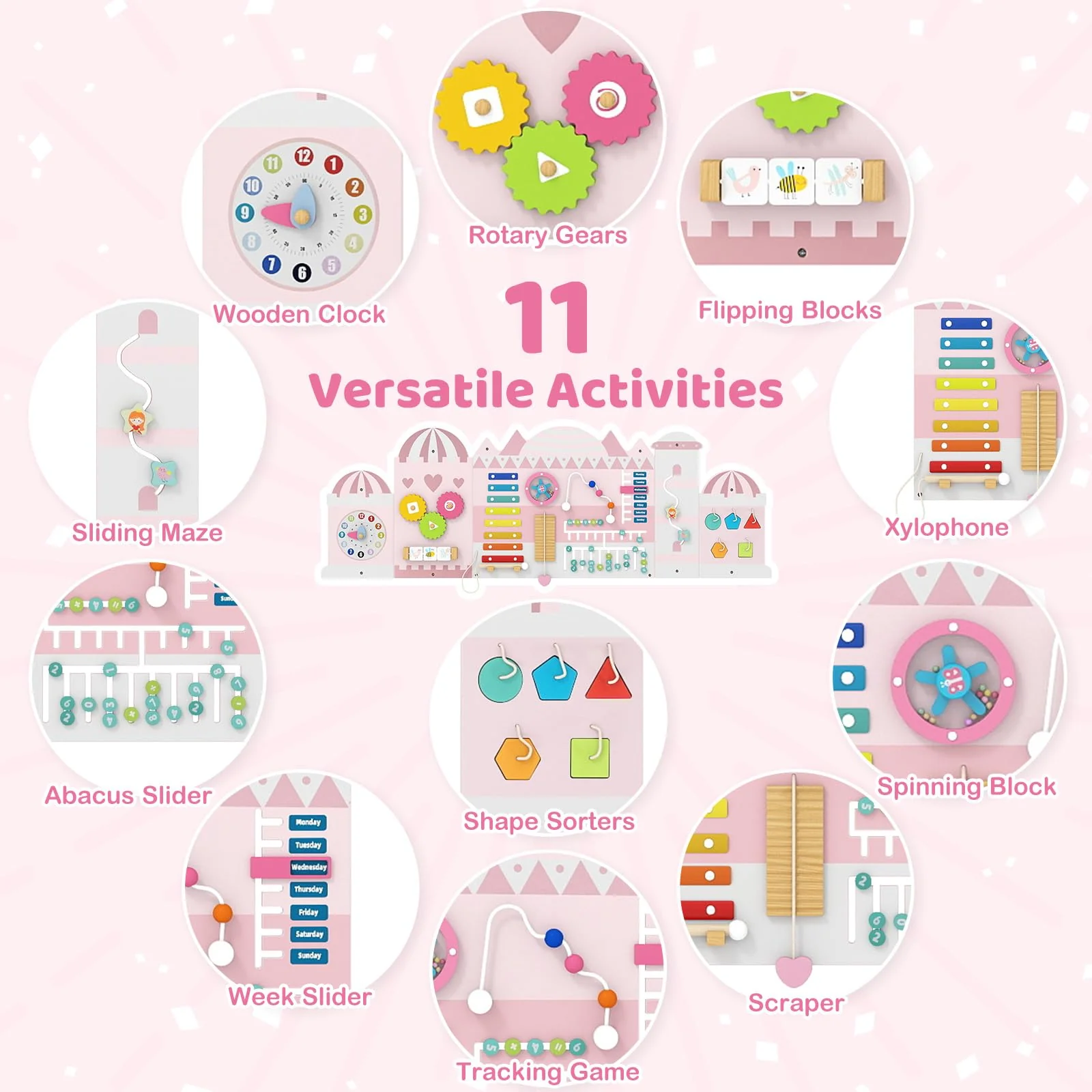 Castle Activity Wall Busy Board Panels 11-in-1 Montessori Wooden Sensory Board - Image 3